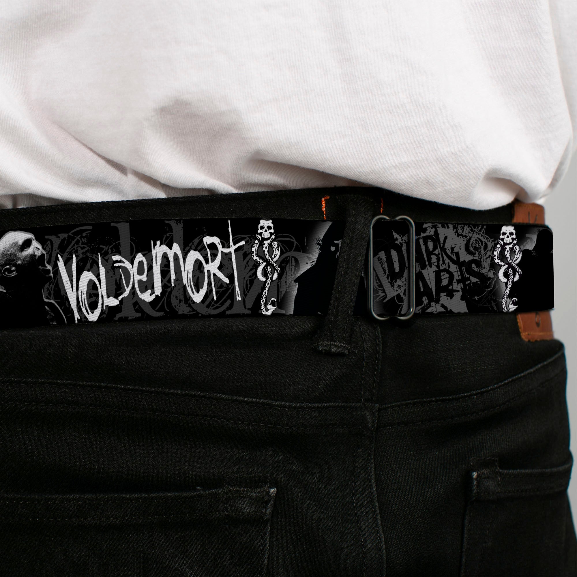 Harry Potter Logo Full Color Black/White Seatbelt Belt - VOLDEMORT-DARK ARTS Death Mark/Death Eater Black/Grays/White Webbing Seatbelt Belts Harry Potter