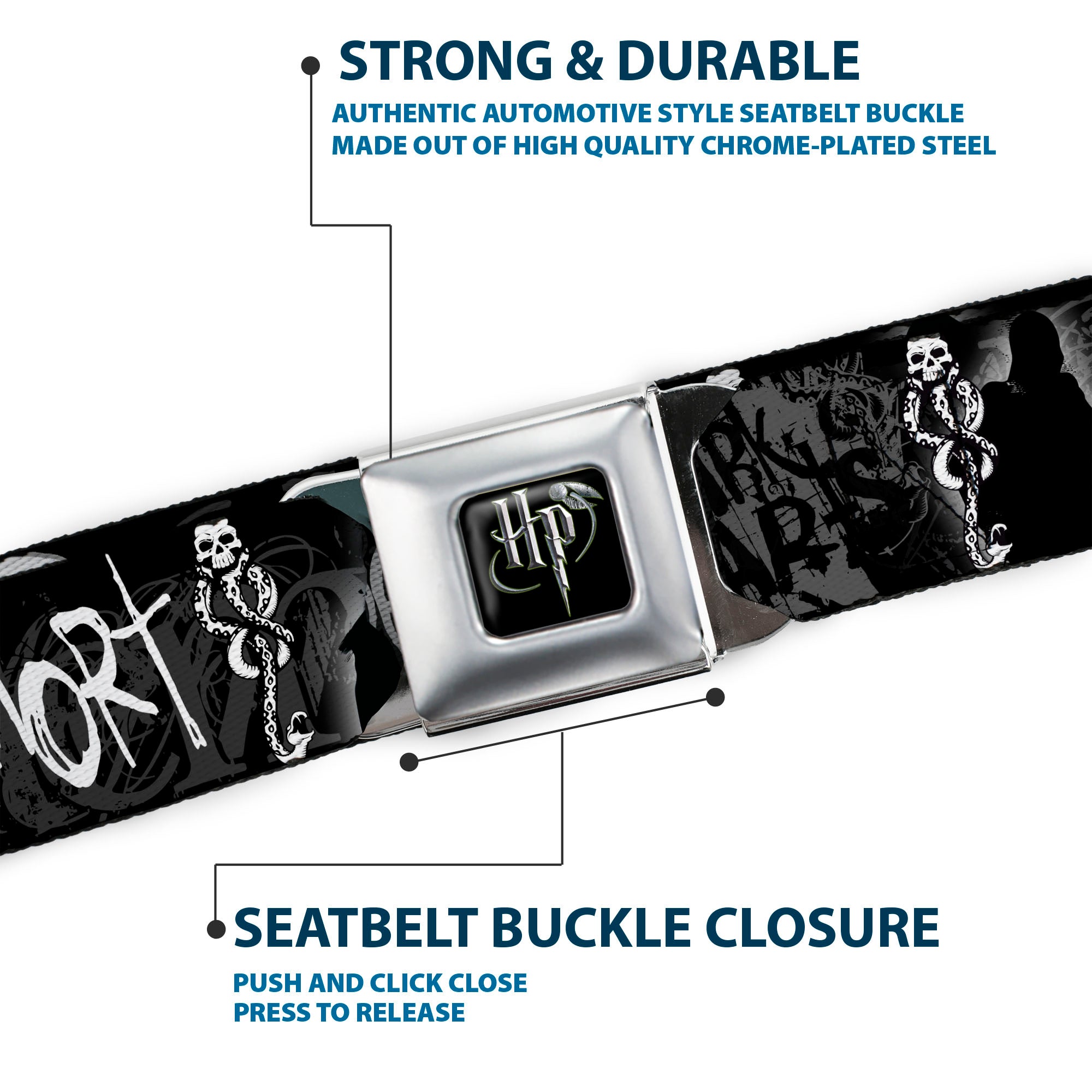 Harry Potter Logo Full Color Black/White Seatbelt Belt - VOLDEMORT-DARK ARTS Death Mark/Death Eater Black/Grays/White Webbing Seatbelt Belts Harry Potter