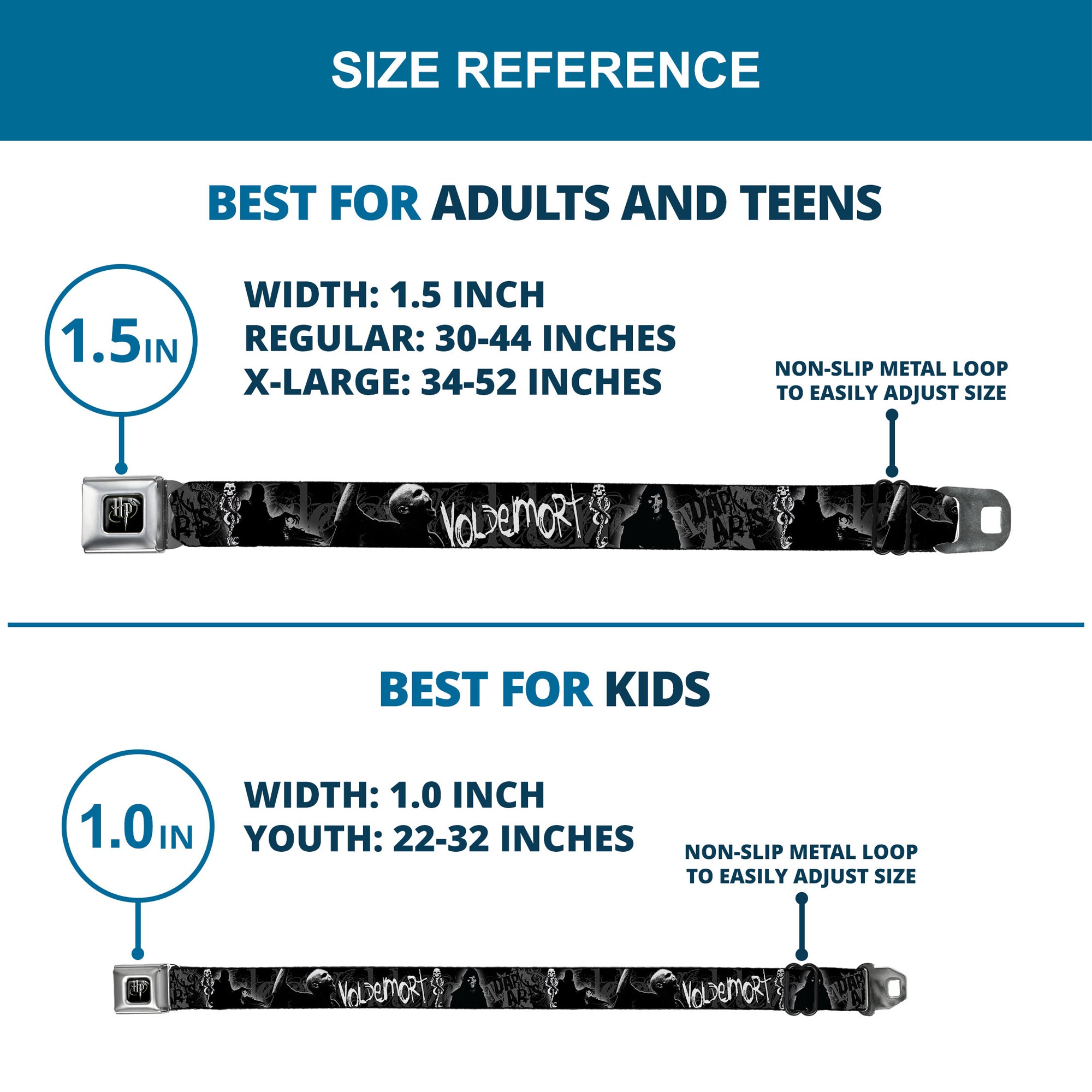 Harry Potter Logo Full Color Black/White Seatbelt Belt - VOLDEMORT-DARK ARTS Death Mark/Death Eater Black/Grays/White Webbing Seatbelt Belts Harry Potter