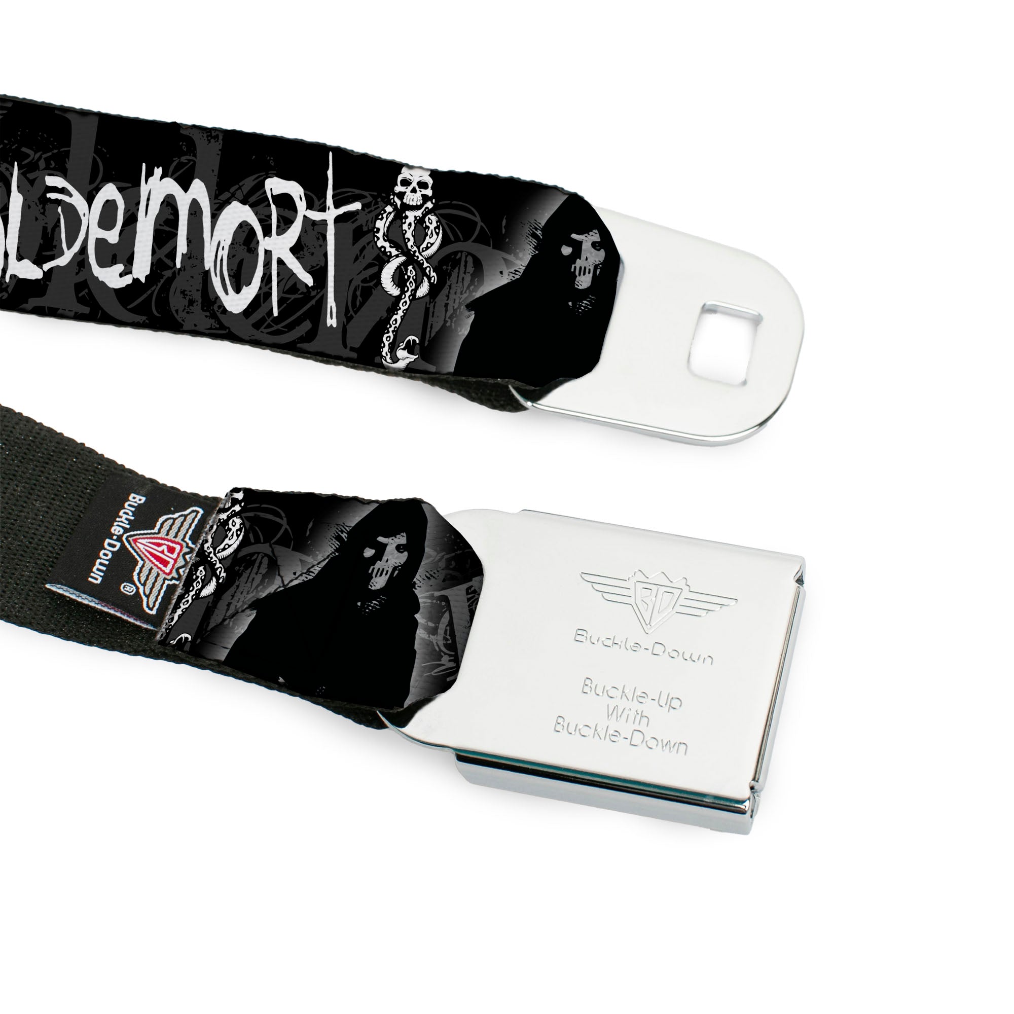 Harry Potter Logo Full Color Black/White Seatbelt Belt - VOLDEMORT-DARK ARTS Death Mark/Death Eater Black/Grays/White Webbing Seatbelt Belts Harry Potter