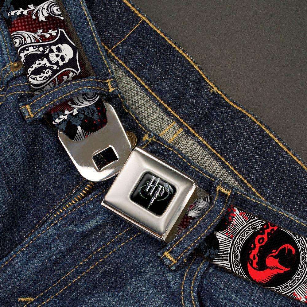 Harry Potter Logo Full Color Black/White Seatbelt Belt - DEATH EATER Scroll/Symbol Black/Gray/White/Red Webbing Seatbelt Belts Harry Potter