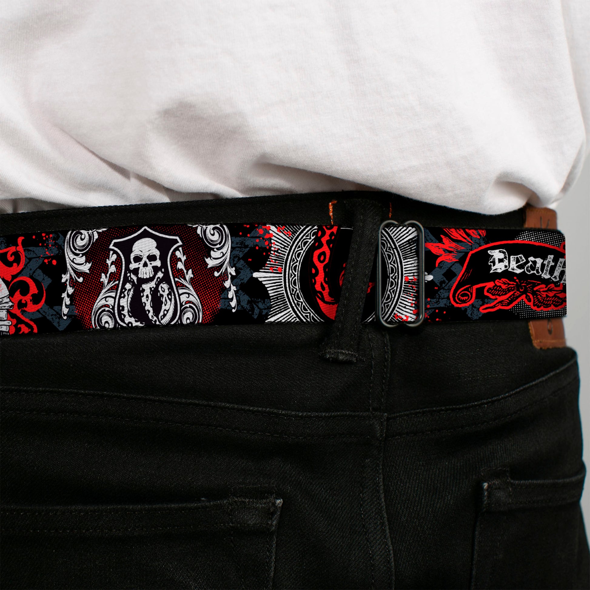 Harry Potter Logo Full Color Black/White Seatbelt Belt - DEATH EATER Scroll/Symbol Black/Gray/White/Red Webbing Seatbelt Belts Harry Potter