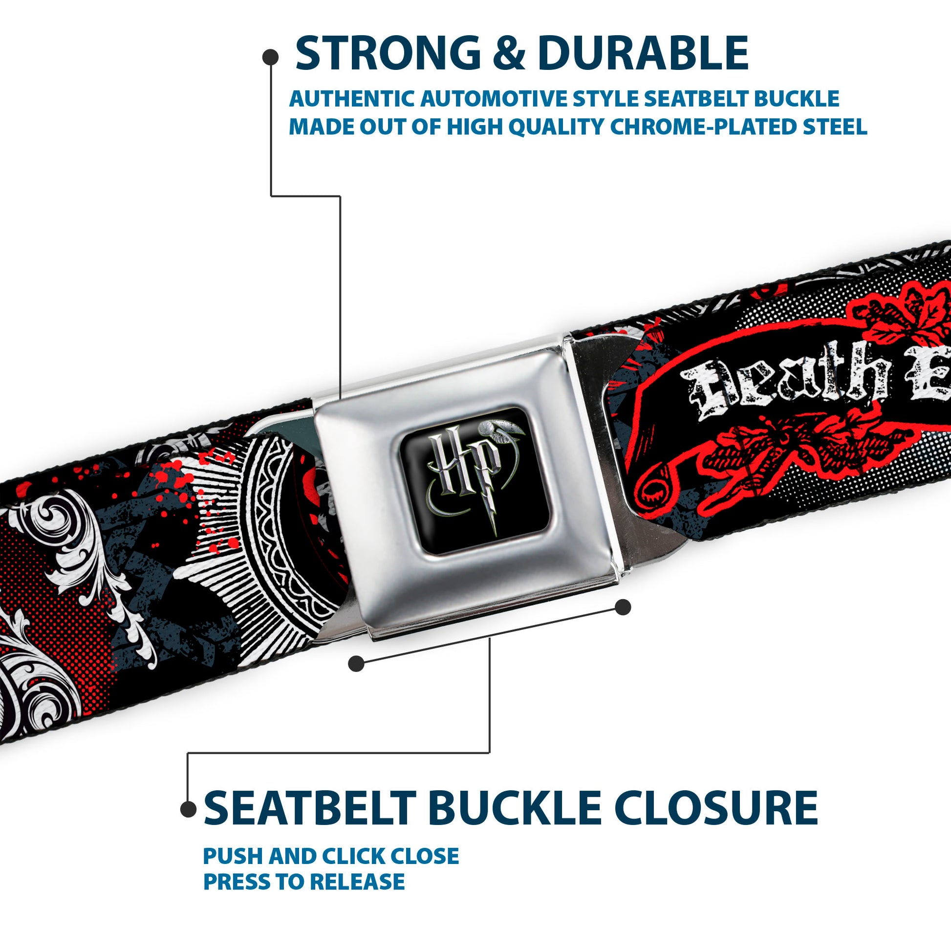 Harry Potter Logo Full Color Black/White Seatbelt Belt - DEATH EATER Scroll/Symbol Black/Gray/White/Red Webbing Seatbelt Belts Harry Potter