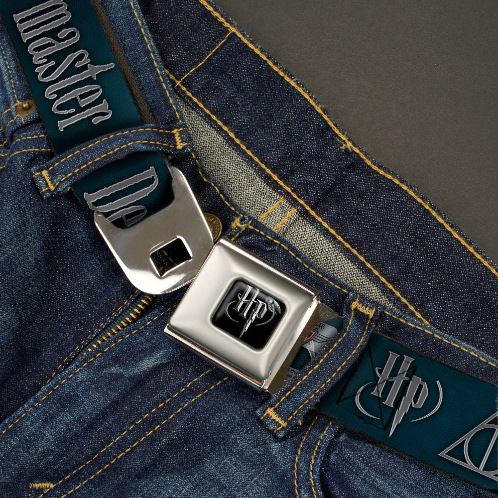 Harry Potter Logo Full Color Black/White Seatbelt Belt - HP/Deathly Hallows Symbol TOGETHER...THEY MAKE ONE MASTER OF DEATH. Blue Fade/Gray Webbing Seatbelt Belts Harry Potter