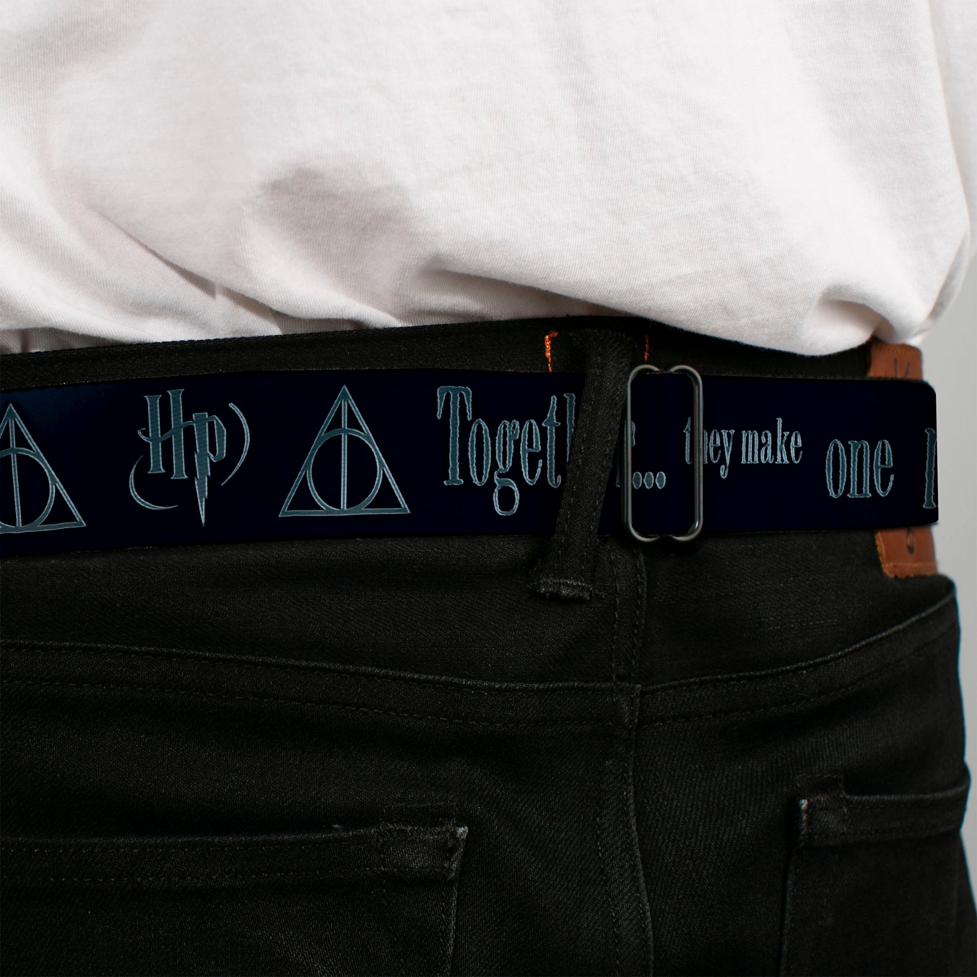 Harry Potter Logo Full Color Black/White Seatbelt Belt - HP/Deathly Hallows Symbol TOGETHER...THEY MAKE ONE MASTER OF DEATH. Blue Fade/Gray Webbing Seatbelt Belts Harry Potter