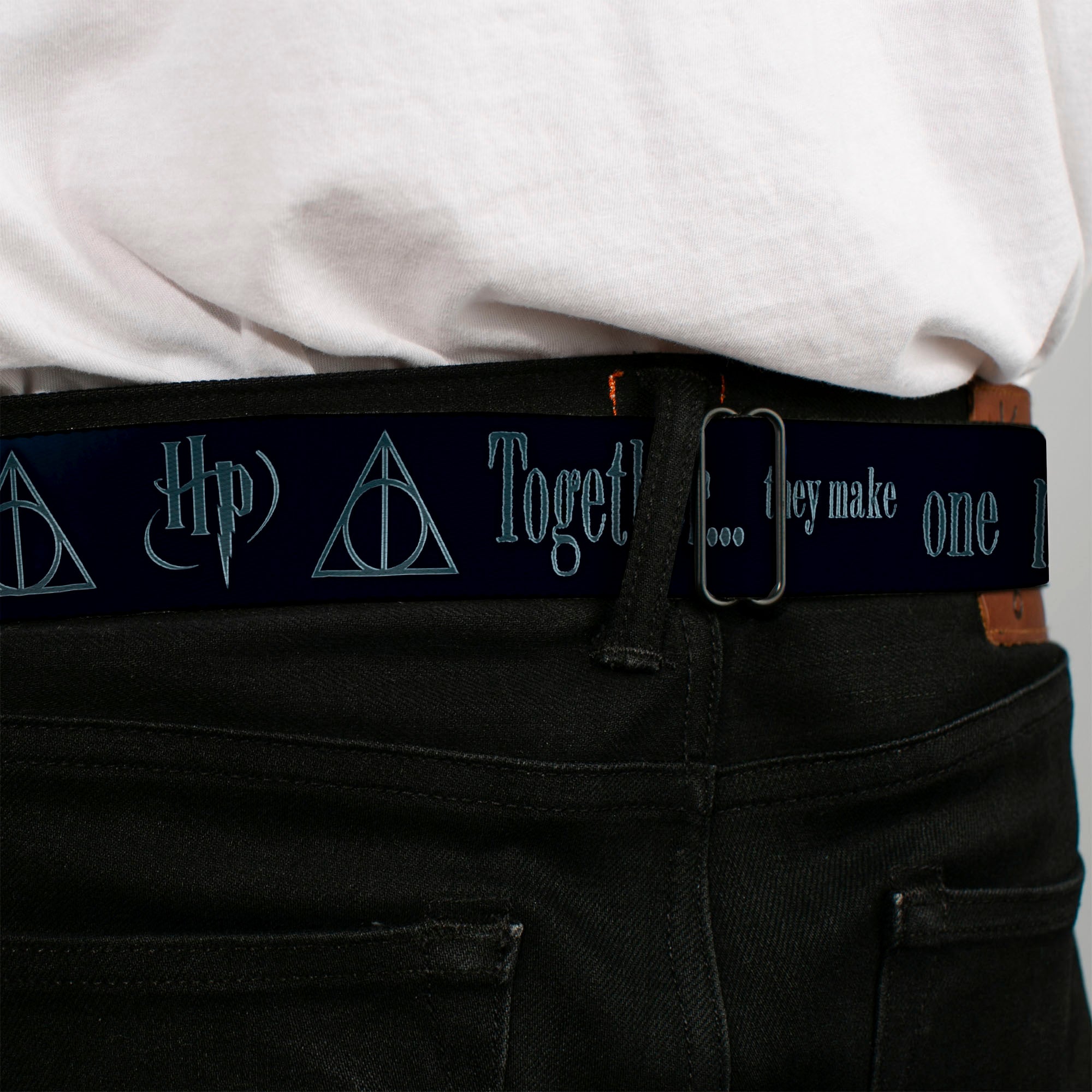 Harry Potter Logo Full Color Black/White Seatbelt Belt - HP/Deathly Hallows Symbol TOGETHER...THEY MAKE ONE MASTER OF DEATH. Blue Fade/Gray Webbing Seatbelt Belts Harry Potter