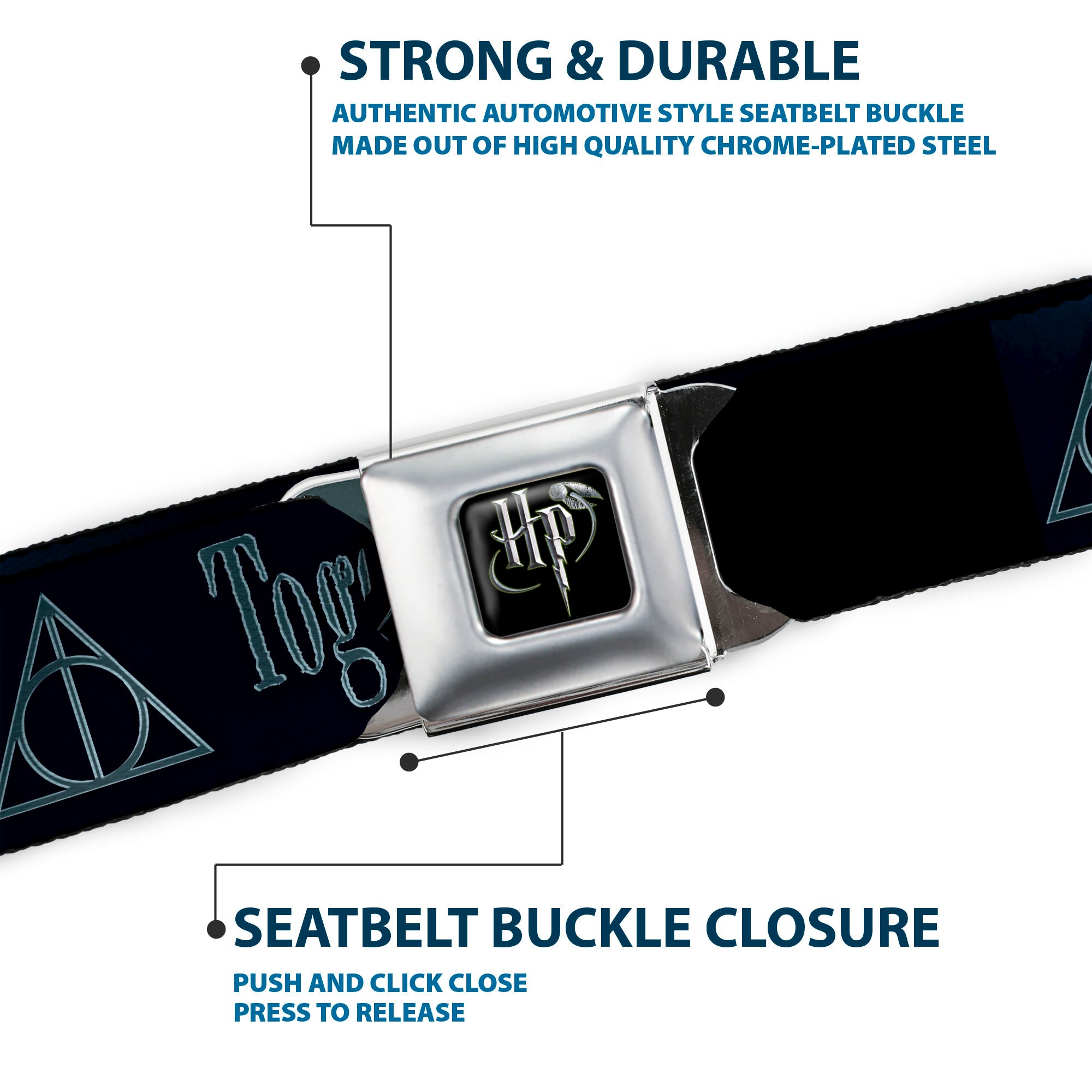 Harry Potter Logo Full Color Black/White Seatbelt Belt - HP/Deathly Hallows Symbol TOGETHER...THEY MAKE ONE MASTER OF DEATH. Blue Fade/Gray Webbing Seatbelt Belts Harry Potter