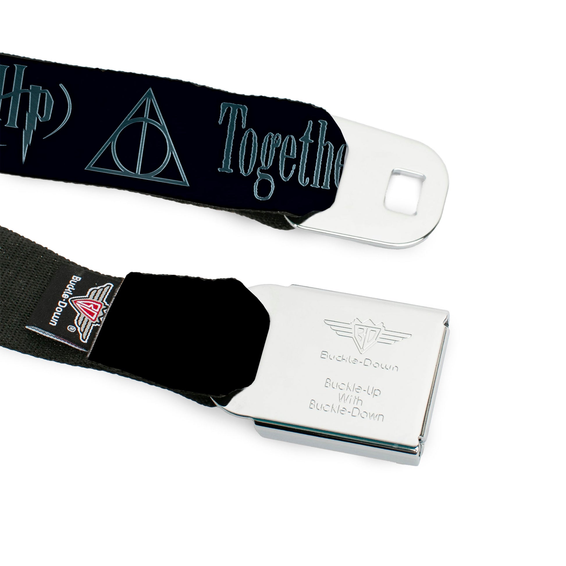 Harry Potter Logo Full Color Black/White Seatbelt Belt - HP/Deathly Hallows Symbol TOGETHER...THEY MAKE ONE MASTER OF DEATH. Blue Fade/Gray Webbing Seatbelt Belts Harry Potter