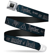 Harry Potter Logo Full Color Black/White Seatbelt Belt - HP/Deathly Hallows Symbol TOGETHER...THEY MAKE ONE MASTER OF DEATH. Blue Fade/Gray Webbing Seatbelt Belts Harry Potter