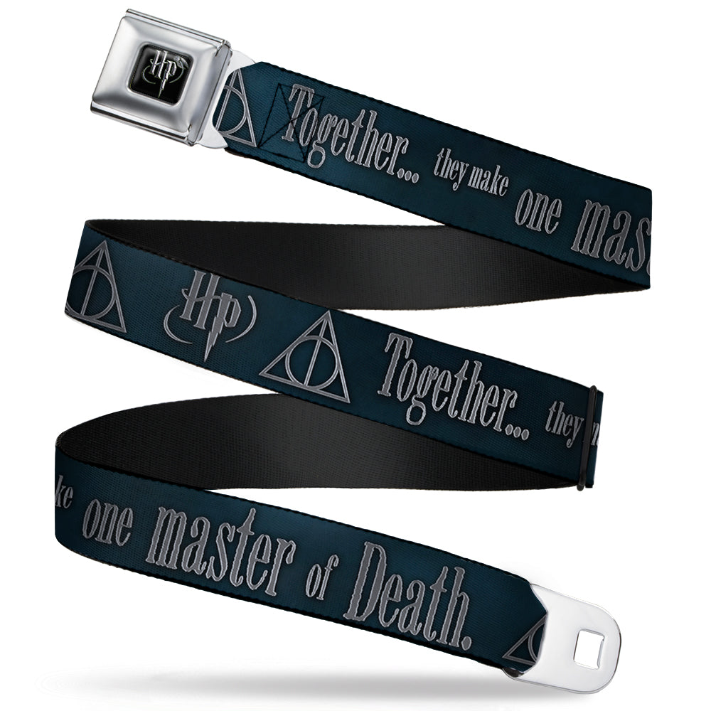 Harry Potter Logo Full Color Black/White Seatbelt Belt - HP/Deathly Hallows Symbol TOGETHER...THEY MAKE ONE MASTER OF DEATH. Blue Fade/Gray Webbing Seatbelt Belts Harry Potter