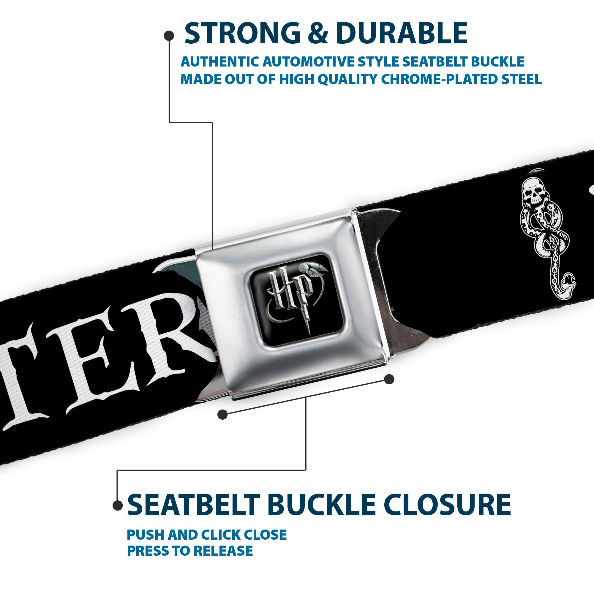 Harry Potter Logo Full Color Black/White Seatbelt Belt - DEATH EATER/Dark Mark Black/White Webbing Seatbelt Belts Harry Potter