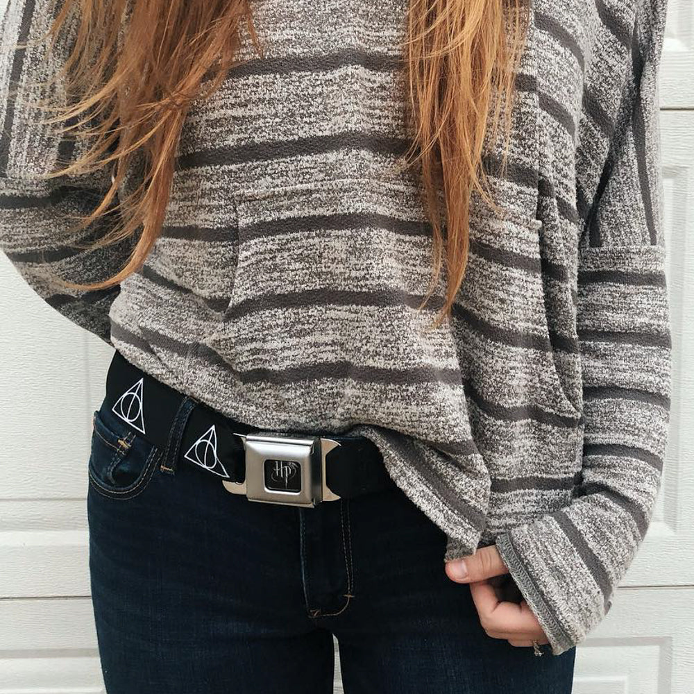 Harry Potter Logo Full Color Black/White Seatbelt Belt - Deathly Hallows Symbol Black/White Webbing Seatbelt Belts Harry Potter