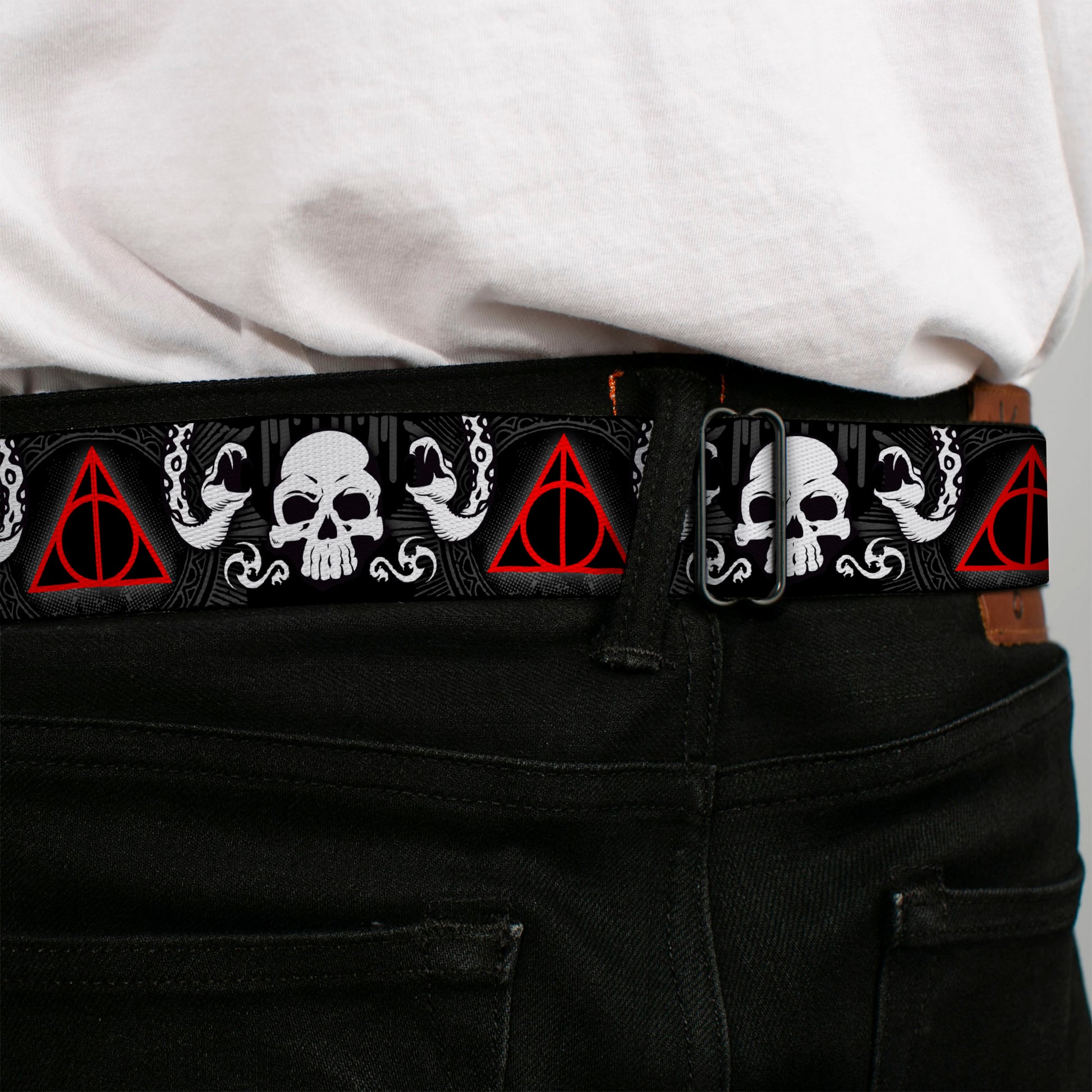 Harry Potter Logo Full Color Black/White Seatbelt Belt - Deathly Hallows Symbol/Death Mark Skull/Snakes Black/Gray/White/Red Webbing Seatbelt Belts Harry Potter