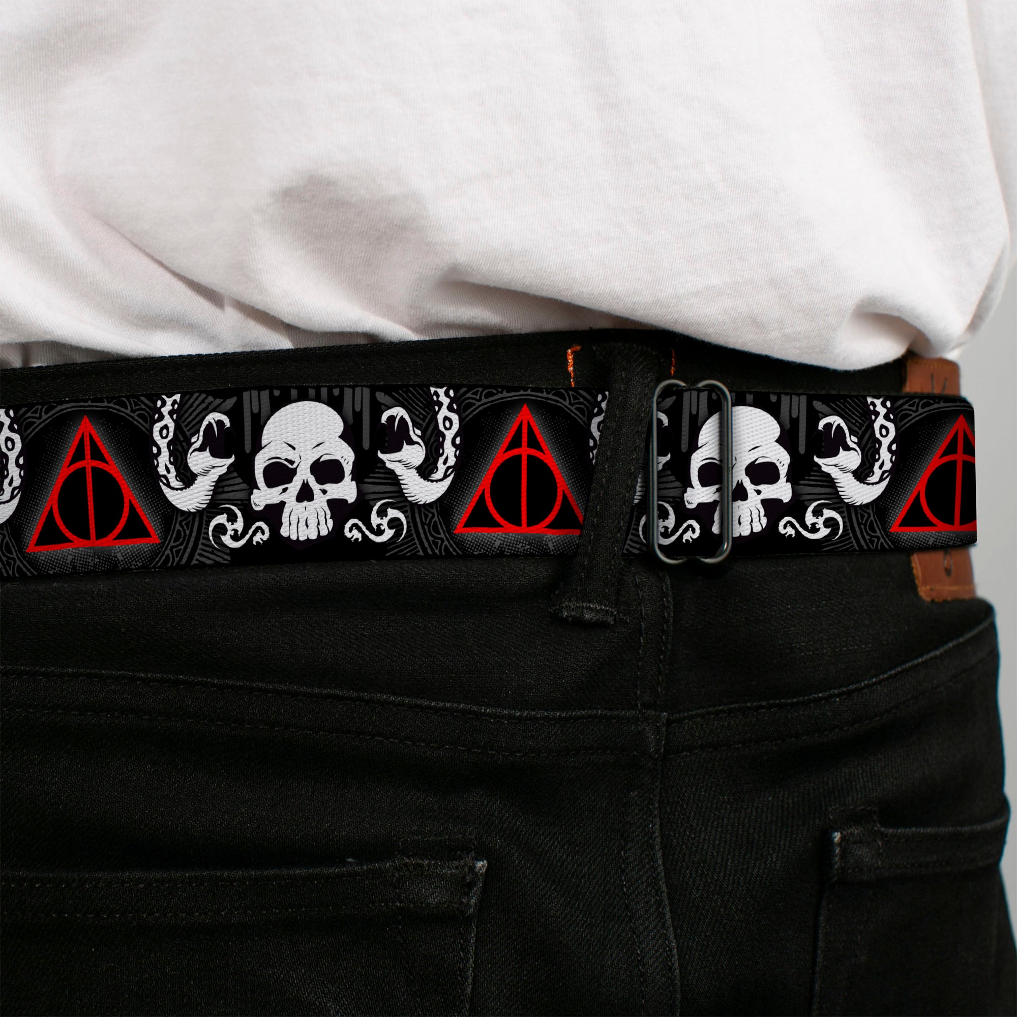 Harry Potter Logo Full Color Black/White Seatbelt Belt - Deathly Hallows Symbol/Death Mark Skull/Snakes Black/Gray/White/Red Webbing Seatbelt Belts Harry Potter
