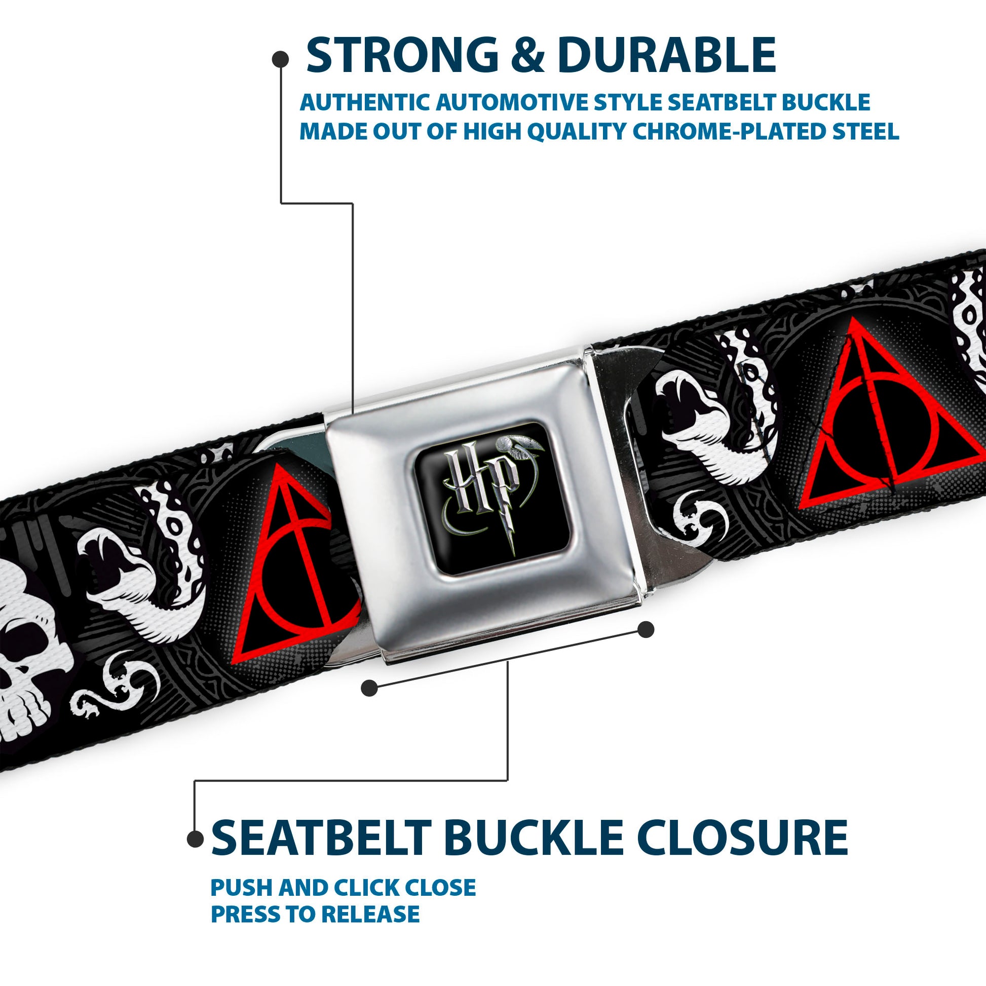 Harry Potter Logo Full Color Black/White Seatbelt Belt - Deathly Hallows Symbol/Death Mark Skull/Snakes Black/Gray/White/Red Webbing Seatbelt Belts Harry Potter