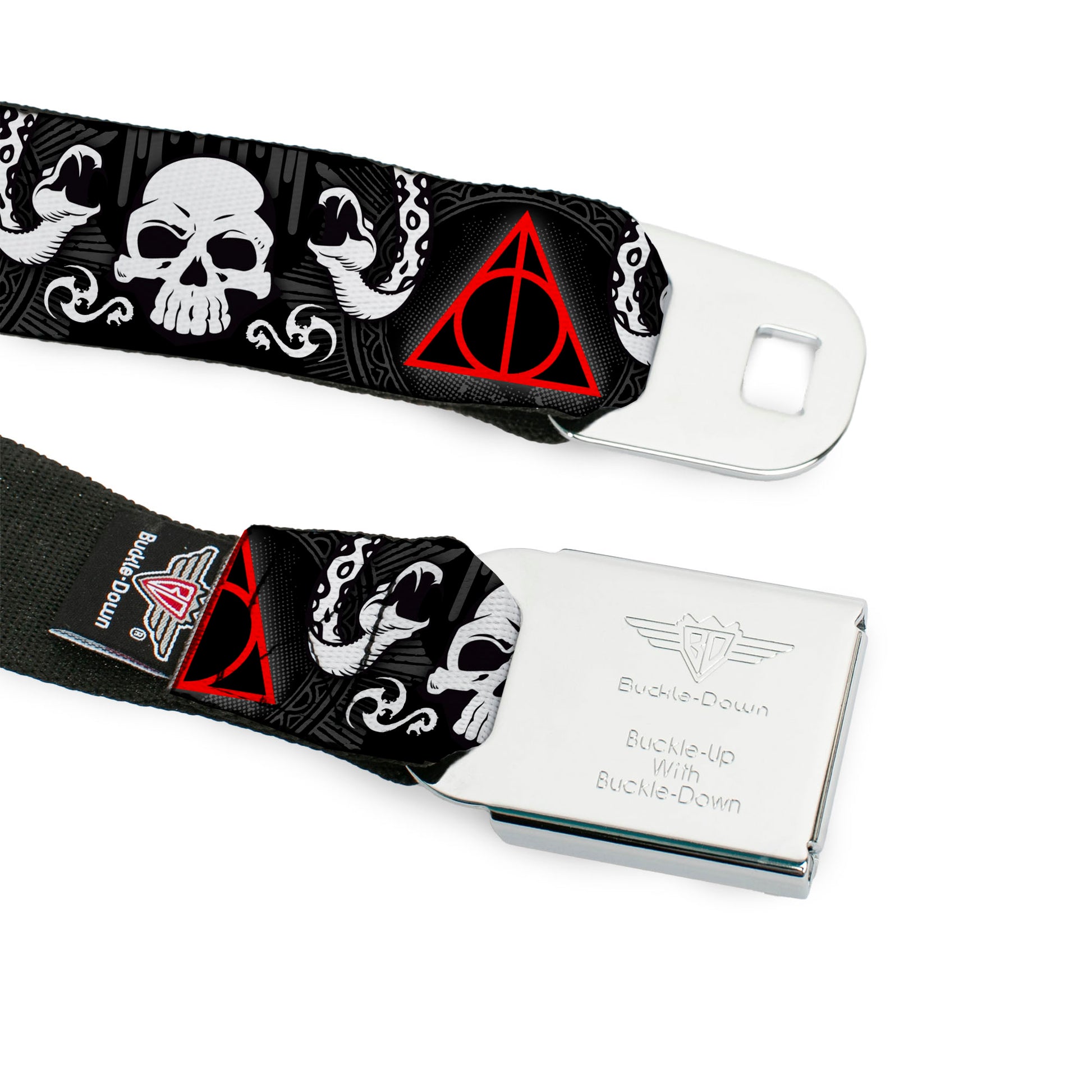 Harry Potter Logo Full Color Black/White Seatbelt Belt - Deathly Hallows Symbol/Death Mark Skull/Snakes Black/Gray/White/Red Webbing Seatbelt Belts Harry Potter
