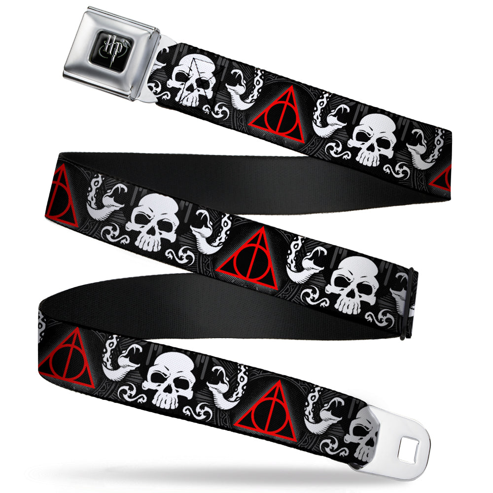 Harry Potter Logo Full Color Black/White Seatbelt Belt - Deathly Hallows Symbol/Death Mark Skull/Snakes Black/Gray/White/Red Webbing Seatbelt Belts Harry Potter