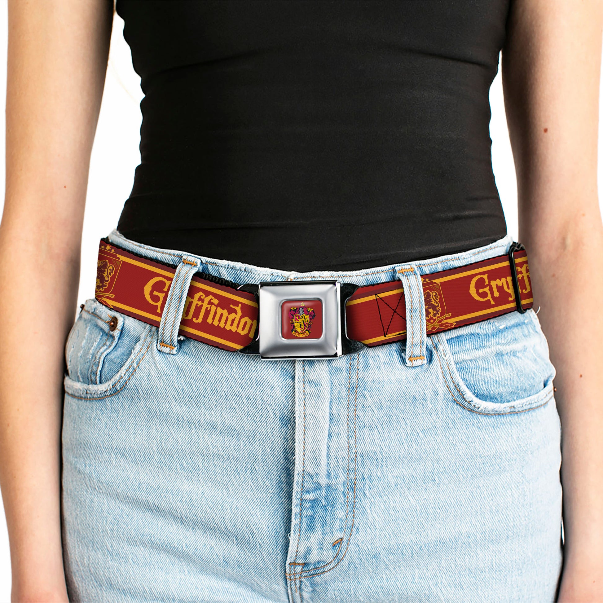 Gryffindor Crest Full Color Black/Gold Seatbelt Belt - GRYFFINDOR & Crest Stripe Reds/Gold Webbing Seatbelt Belts Harry Potter