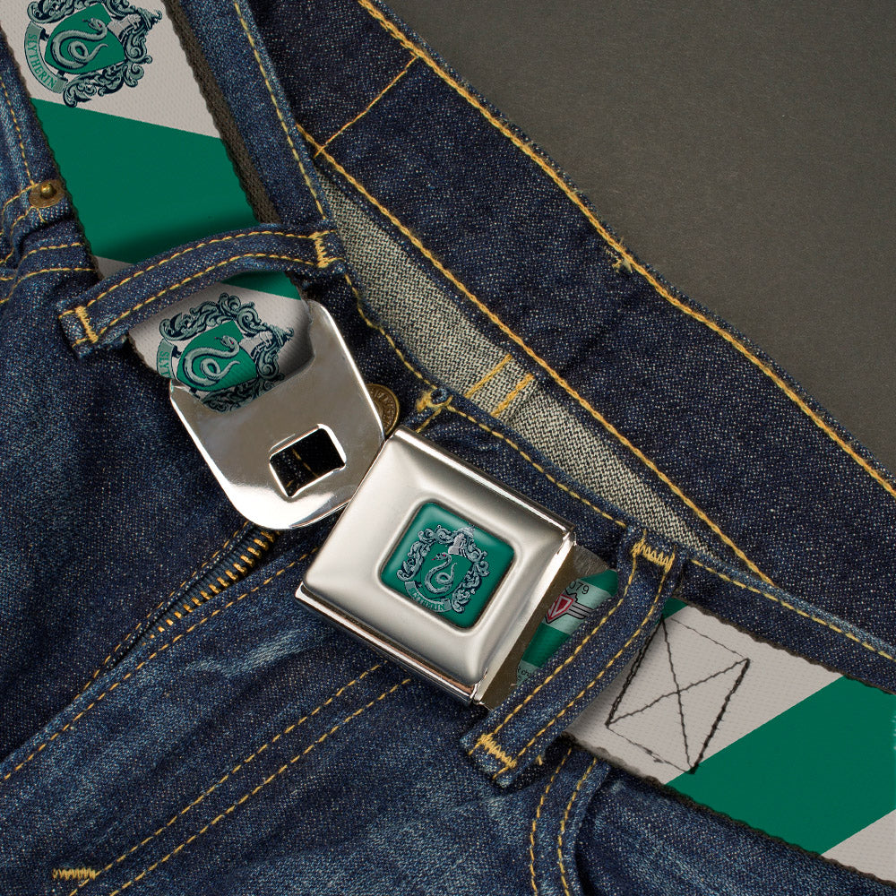 SLYTHERIN Crest Full Color Green Seatbelt Belt - SLYTHERIN Crest Diagonal Stripe Gray/Green Webbing Seatbelt Belts Harry Potter