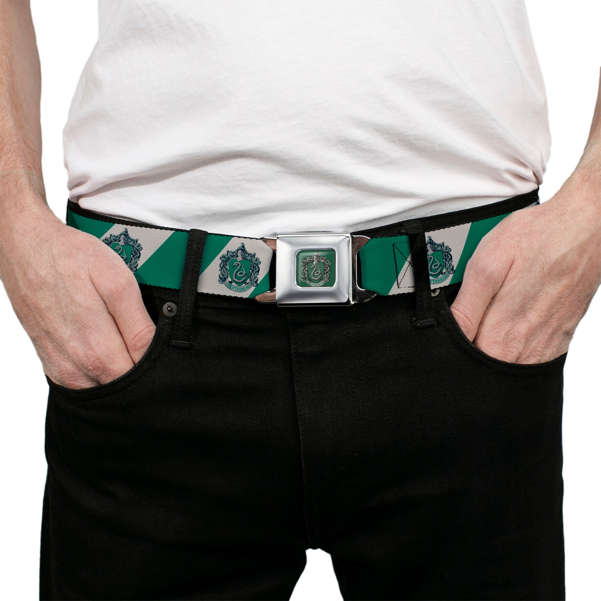 SLYTHERIN Crest Full Color Green Seatbelt Belt - SLYTHERIN Crest Diagonal Stripe Gray/Green Webbing Seatbelt Belts Harry Potter