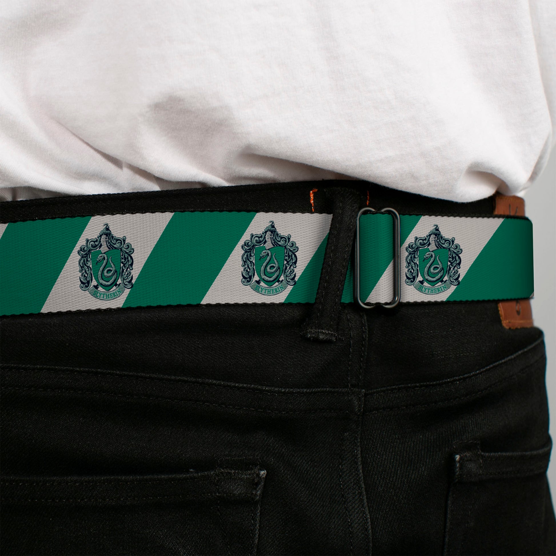 SLYTHERIN Crest Full Color Green Seatbelt Belt - SLYTHERIN Crest Diagonal Stripe Gray/Green Webbing Seatbelt Belts Harry Potter