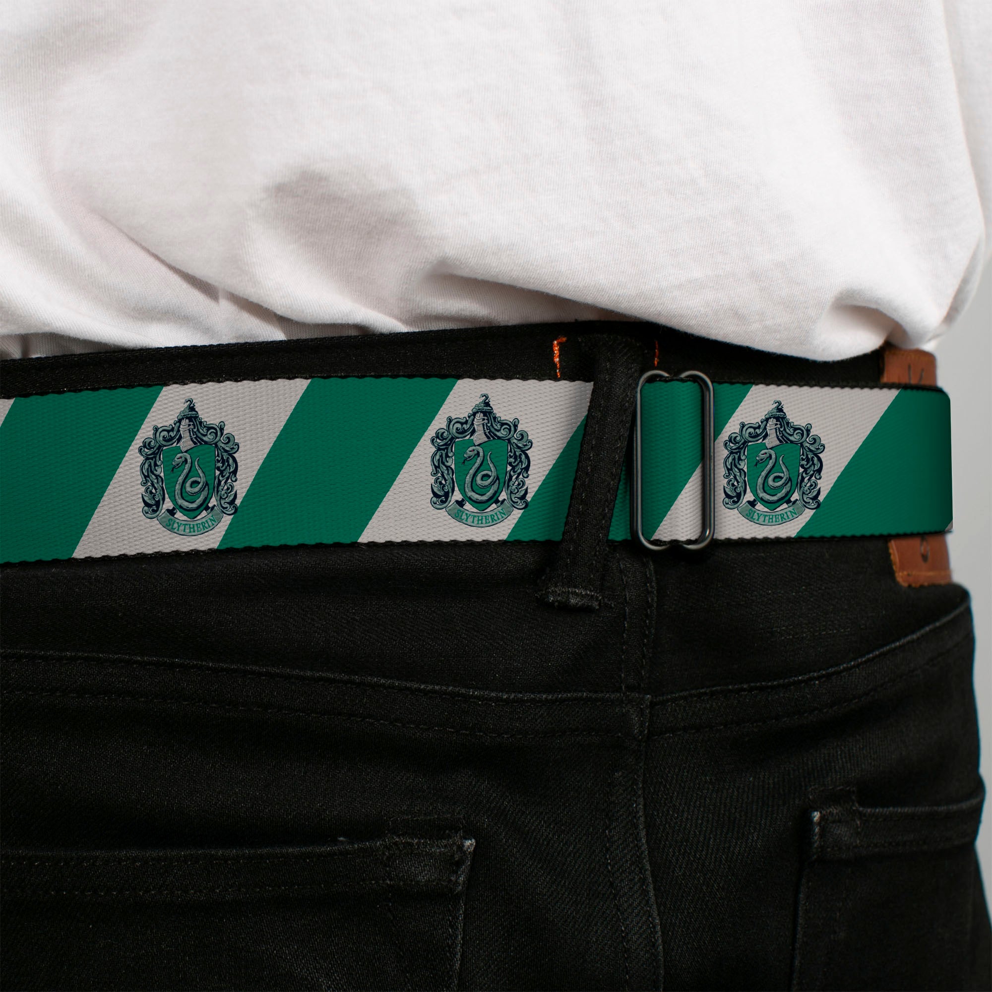 SLYTHERIN Crest Full Color Green Seatbelt Belt - SLYTHERIN Crest Diagonal Stripe Gray/Green Webbing Seatbelt Belts Harry Potter