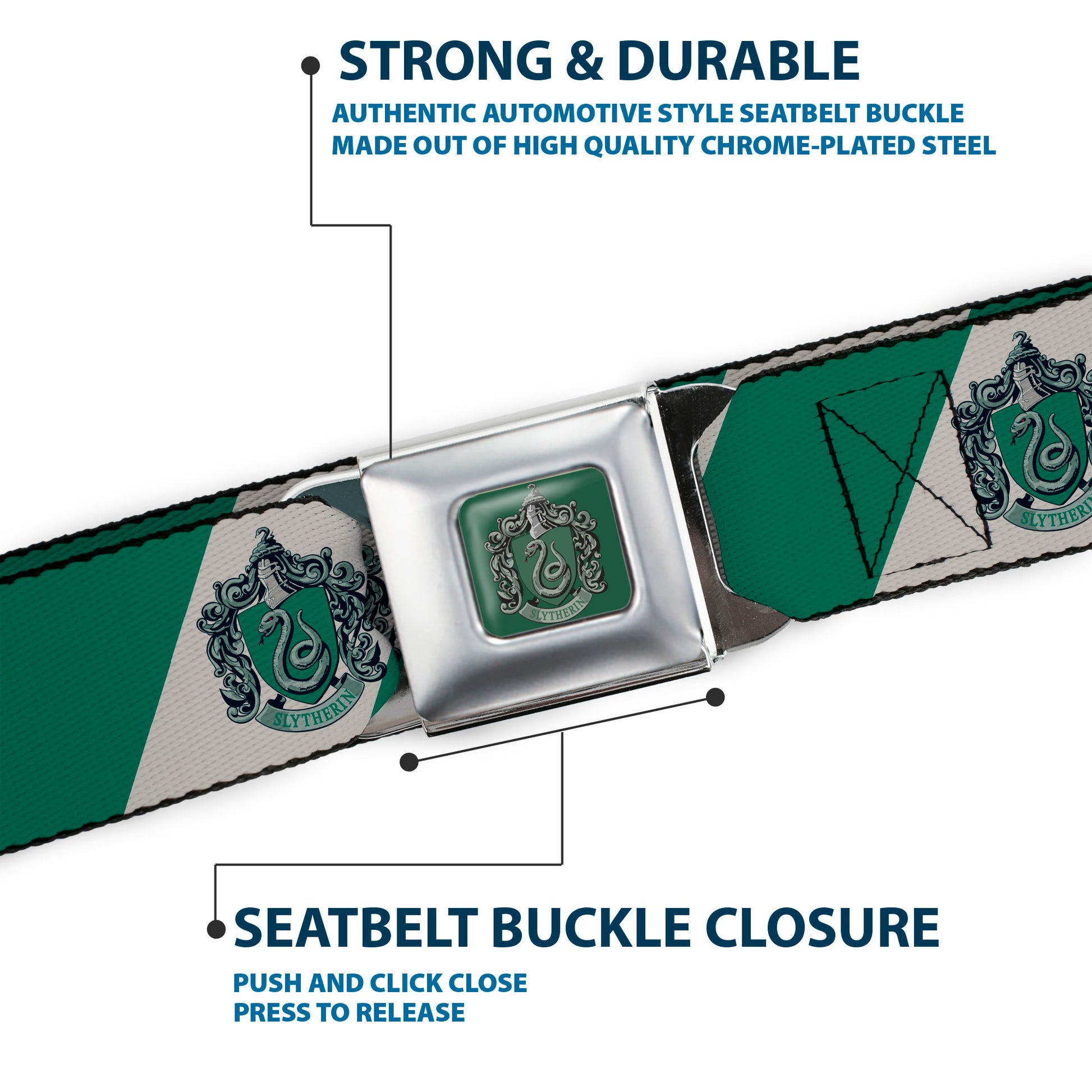 SLYTHERIN Crest Full Color Green Seatbelt Belt - SLYTHERIN Crest Diagonal Stripe Gray/Green Webbing Seatbelt Belts Harry Potter