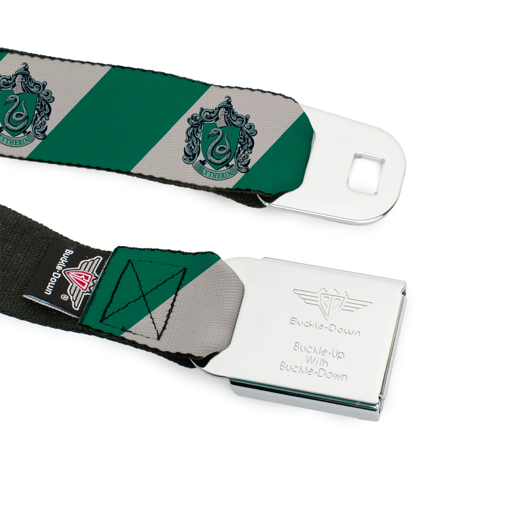 SLYTHERIN Crest Full Color Green Seatbelt Belt - SLYTHERIN Crest Diagonal Stripe Gray/Green Webbing Seatbelt Belts Harry Potter