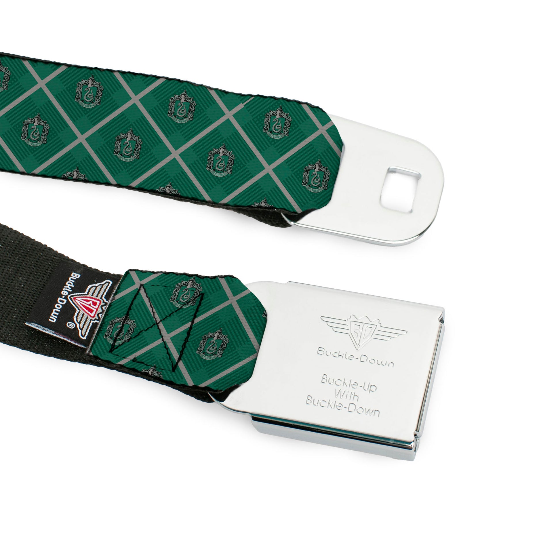 SLYTHERIN Crest Full Color Green Seatbelt Belt - Harry Potter Slytherin Crest Plaid Greens/Gray Webbing Seatbelt Belts Harry Potter