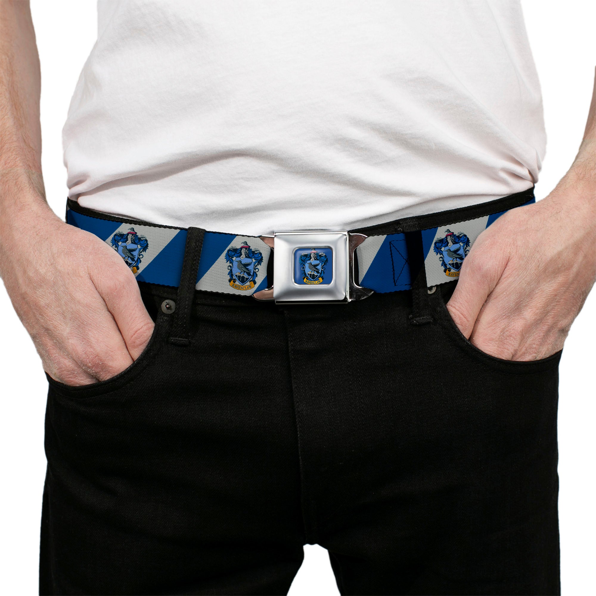 RAVENCLAW Crest Full Color Blue Seatbelt Belt - RAVENCLAW Crest Diagonal Stripe Gray/Blue Webbing Seatbelt Belts Harry Potter