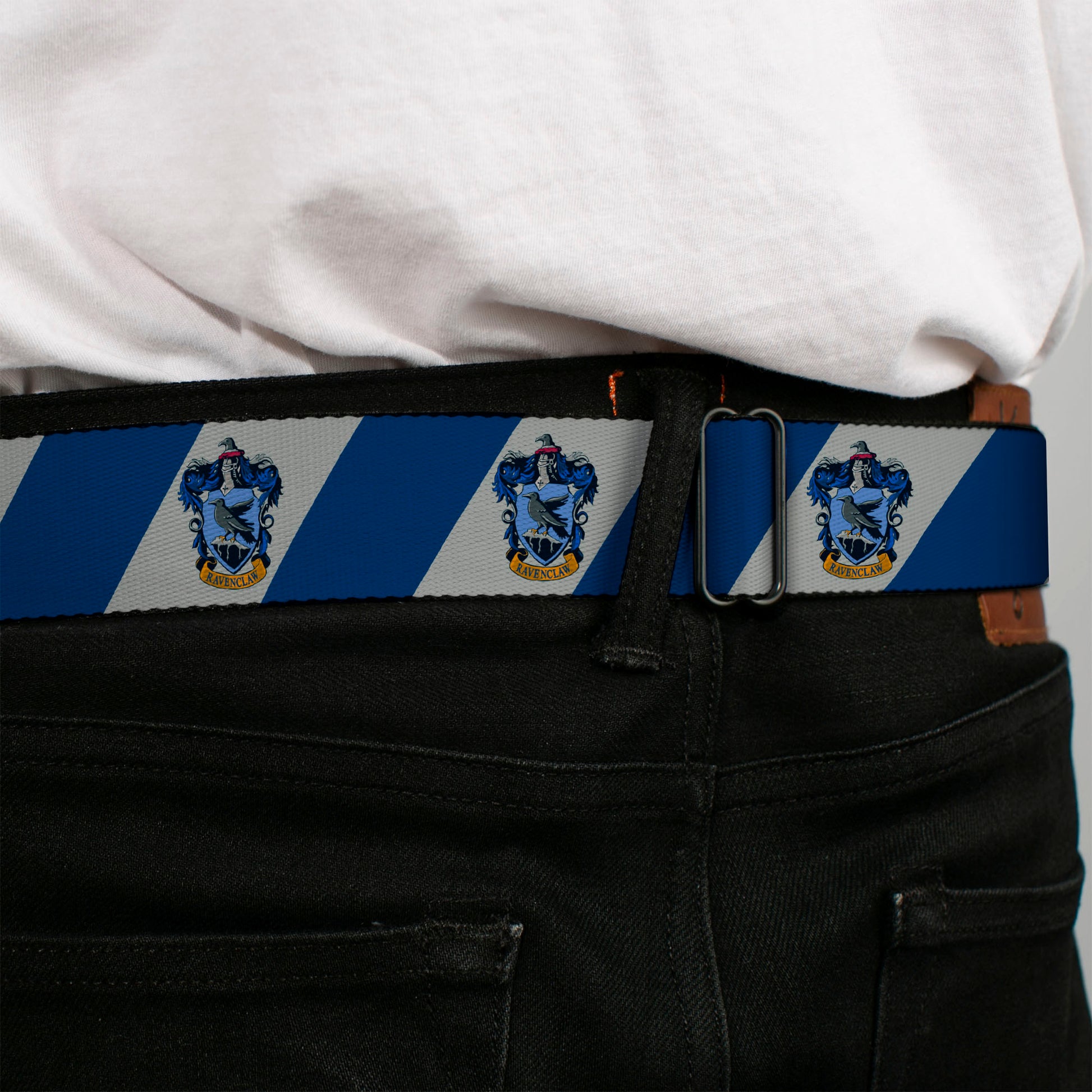 RAVENCLAW Crest Full Color Blue Seatbelt Belt - RAVENCLAW Crest Diagonal Stripe Gray/Blue Webbing Seatbelt Belts Harry Potter