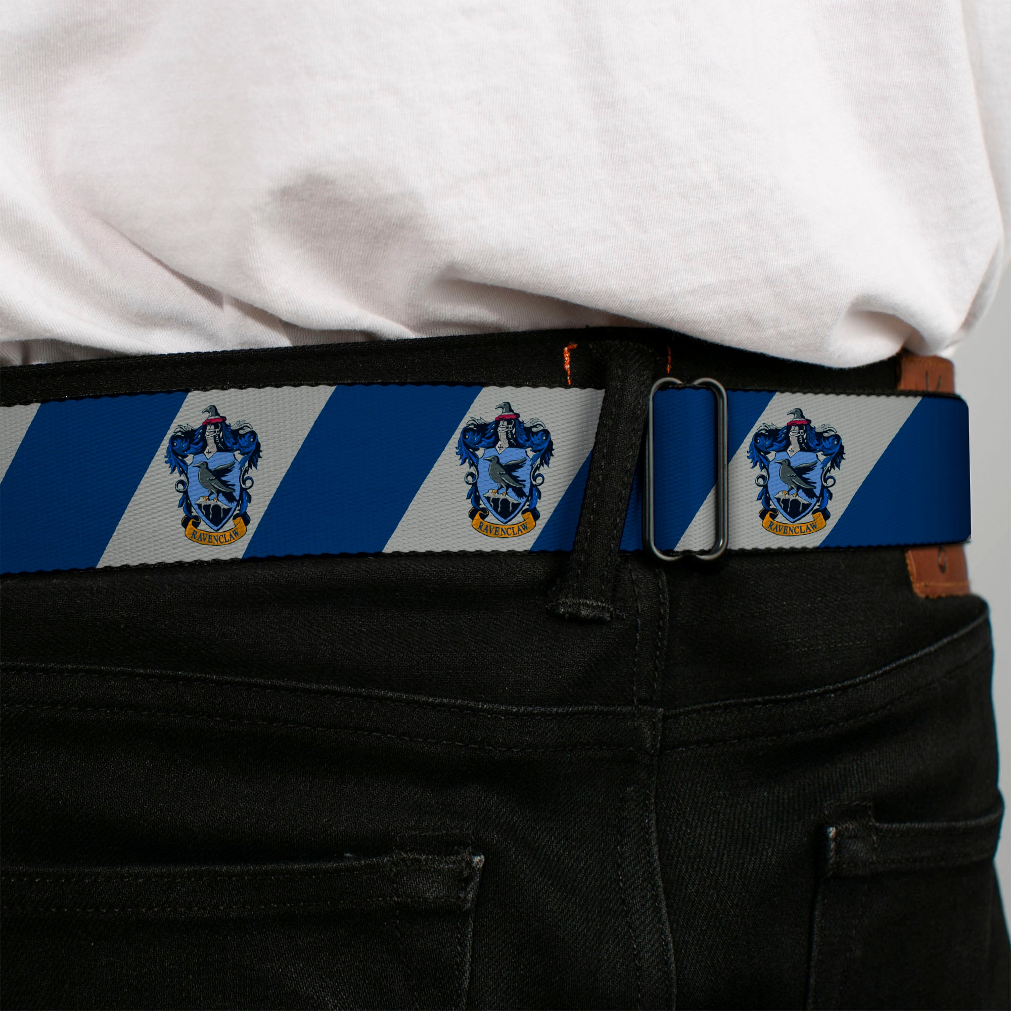 RAVENCLAW Crest Full Color Blue Seatbelt Belt - RAVENCLAW Crest Diagonal Stripe Gray/Blue Webbing Seatbelt Belts Harry Potter