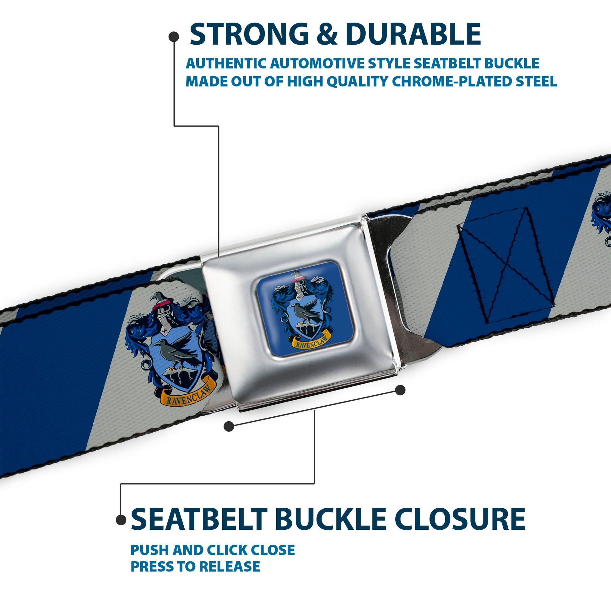 RAVENCLAW Crest Full Color Blue Seatbelt Belt - RAVENCLAW Crest Diagonal Stripe Gray/Blue Webbing Seatbelt Belts Harry Potter