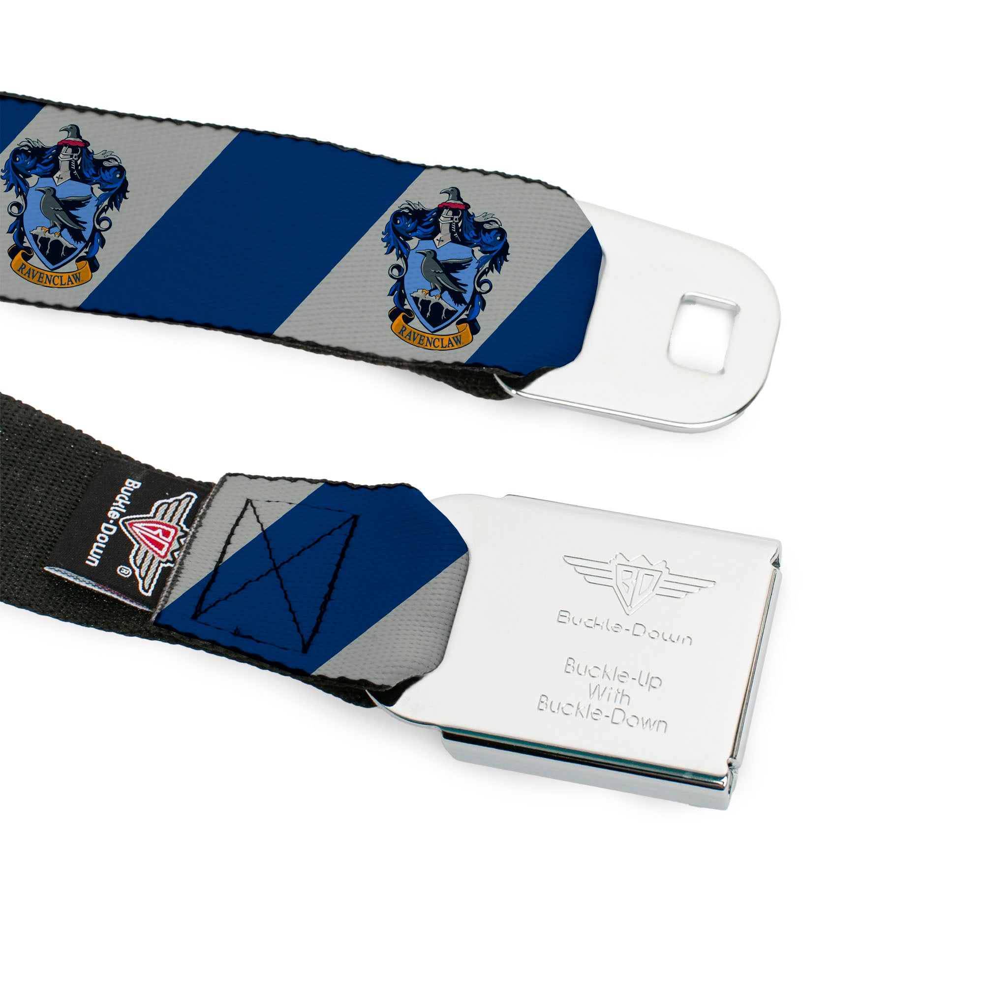 RAVENCLAW Crest Full Color Blue Seatbelt Belt - RAVENCLAW Crest Diagonal Stripe Gray/Blue Webbing Seatbelt Belts Harry Potter
