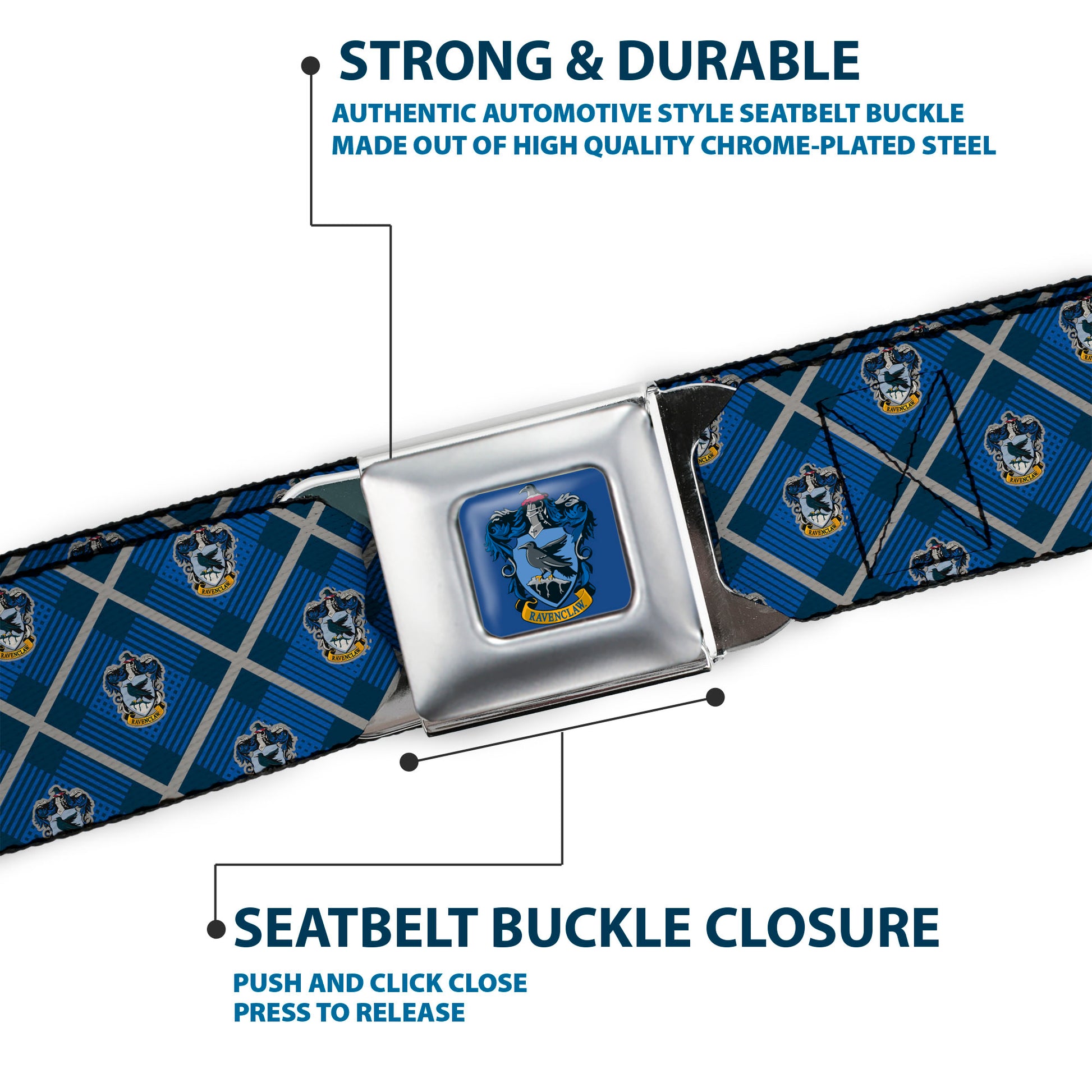 RAVENCLAW Crest Full Color Blue Seatbelt Belt - Harry Potter Ravenclaw Crest Plaid Blues/Gray Webbing Seatbelt Belts Harry Potter