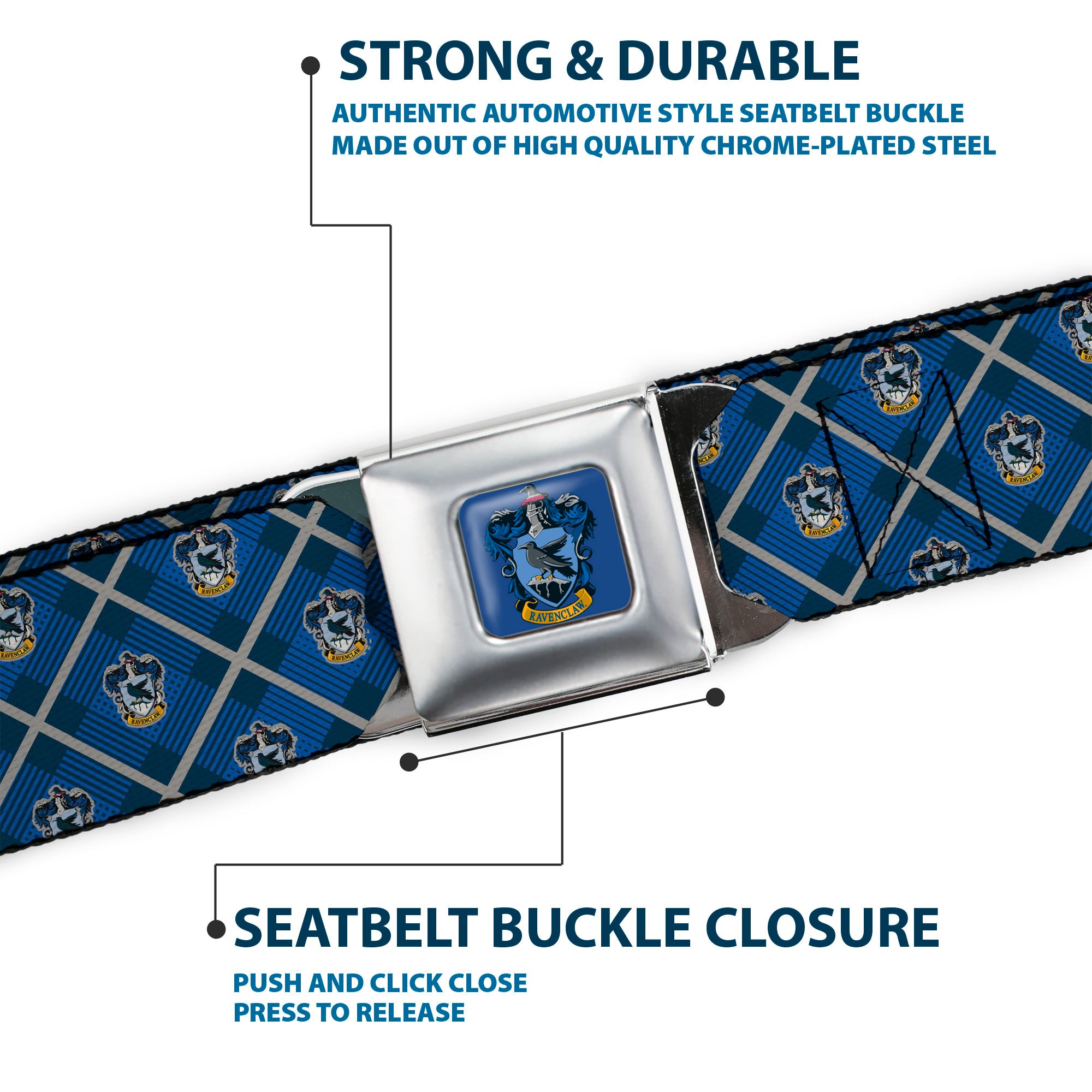 RAVENCLAW Crest Full Color Blue Seatbelt Belt - Harry Potter Ravenclaw Crest Plaid Blues/Gray Webbing Seatbelt Belts Harry Potter