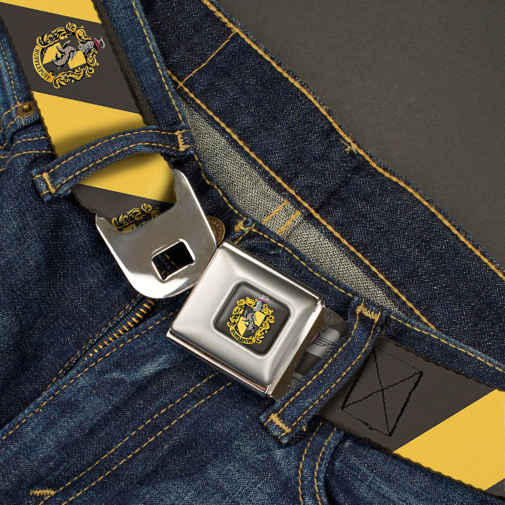 HUFFLEPUFF Crest Full Color Charcoal Gray Seatbelt Belt - HUFFLEPUFF Crest Diagonal Stripe Charcoal Gray/Yellow Webbing Seatbelt Belts Harry Potter