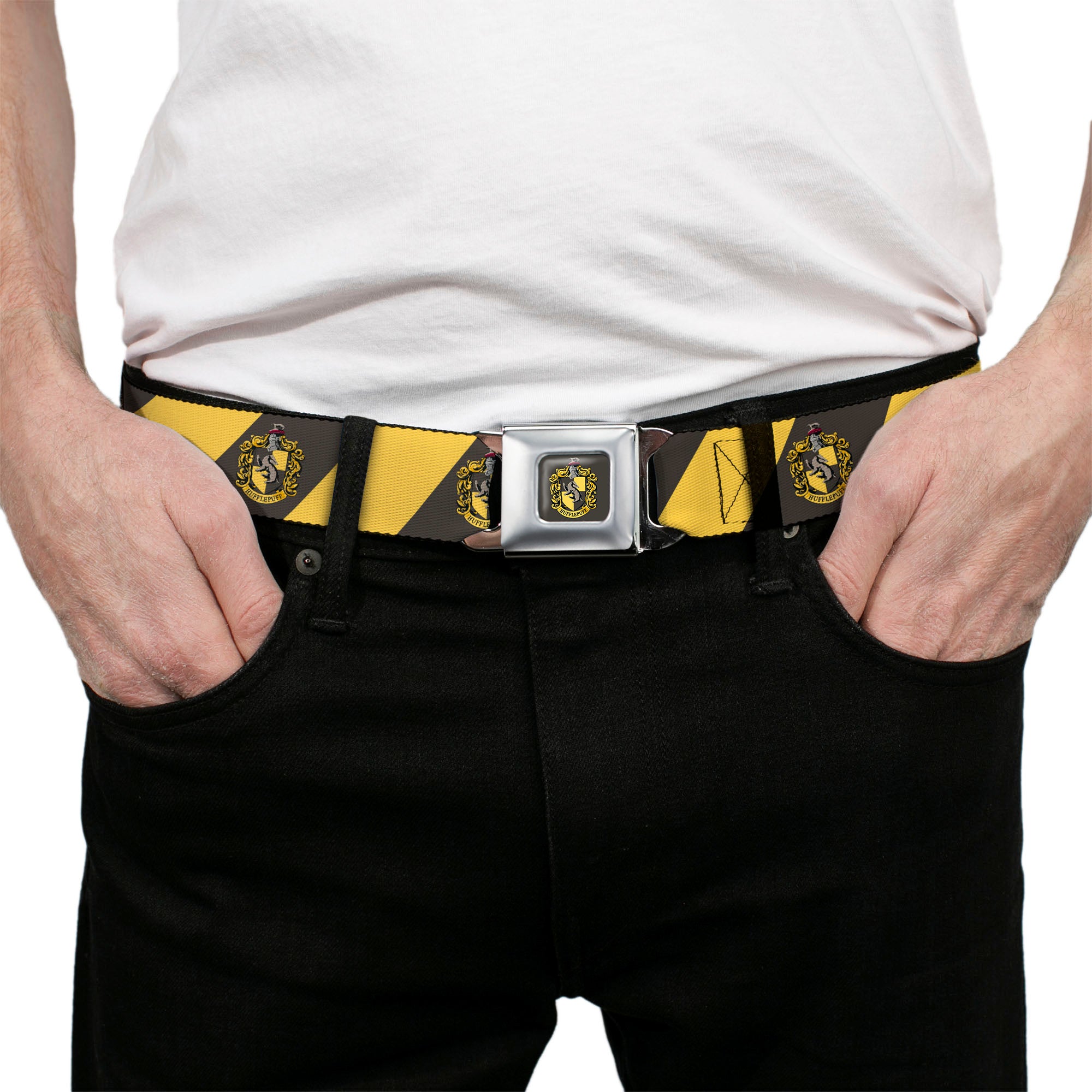 HUFFLEPUFF Crest Full Color Charcoal Gray Seatbelt Belt - HUFFLEPUFF Crest Diagonal Stripe Charcoal Gray/Yellow Webbing Seatbelt Belts Harry Potter