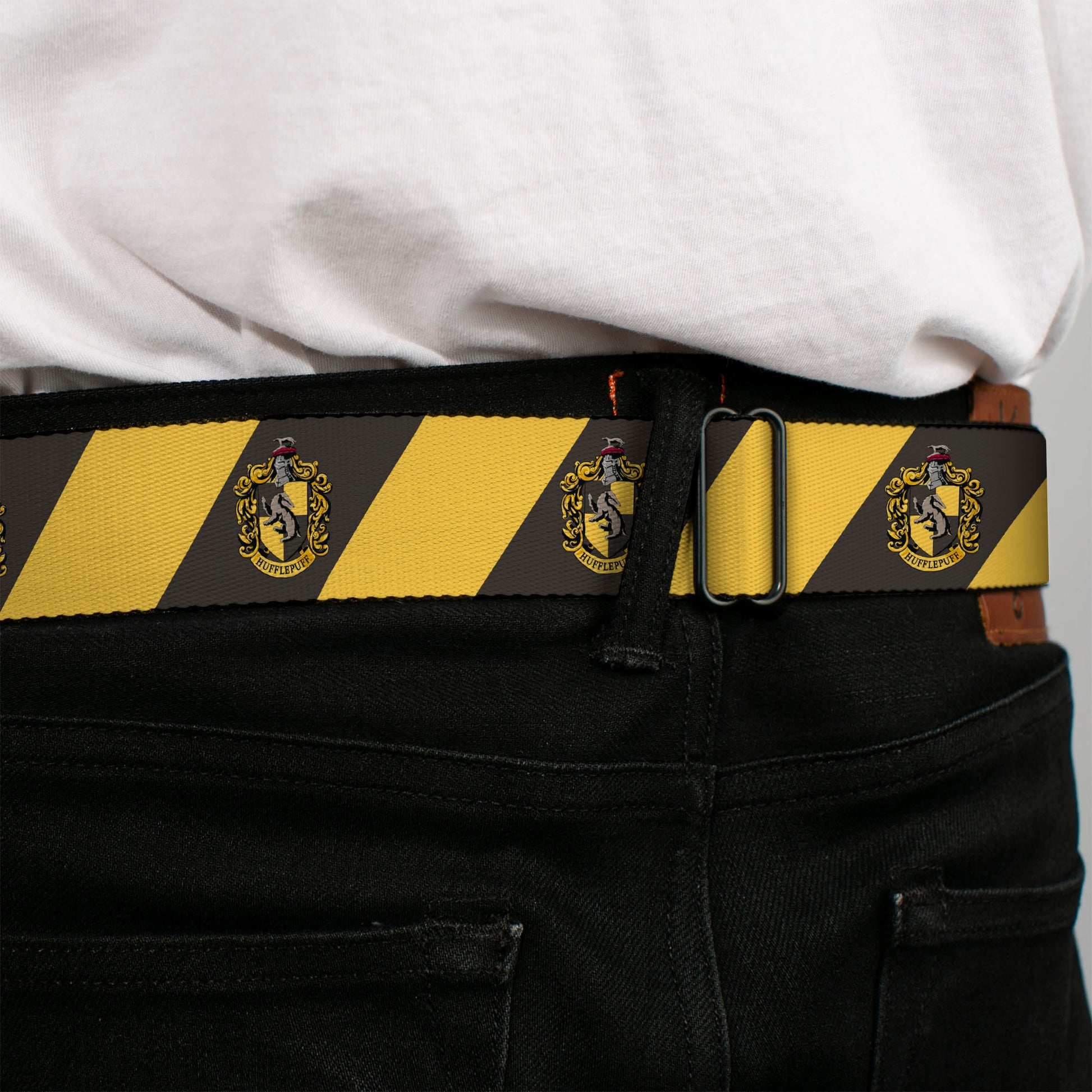 HUFFLEPUFF Crest Full Color Charcoal Gray Seatbelt Belt - HUFFLEPUFF Crest Diagonal Stripe Charcoal Gray/Yellow Webbing Seatbelt Belts Harry Potter