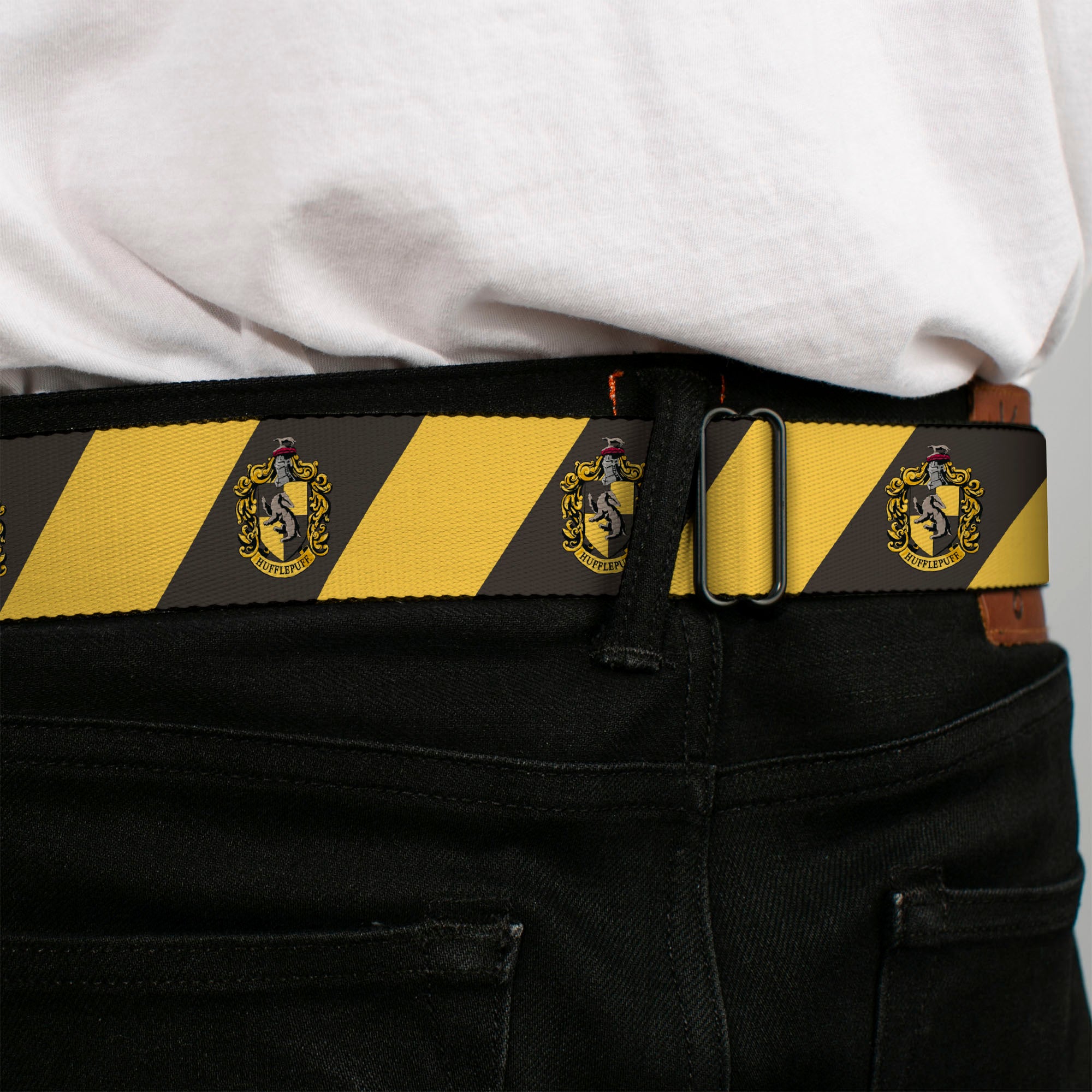 HUFFLEPUFF Crest Full Color Charcoal Gray Seatbelt Belt - HUFFLEPUFF Crest Diagonal Stripe Charcoal Gray/Yellow Webbing Seatbelt Belts Harry Potter