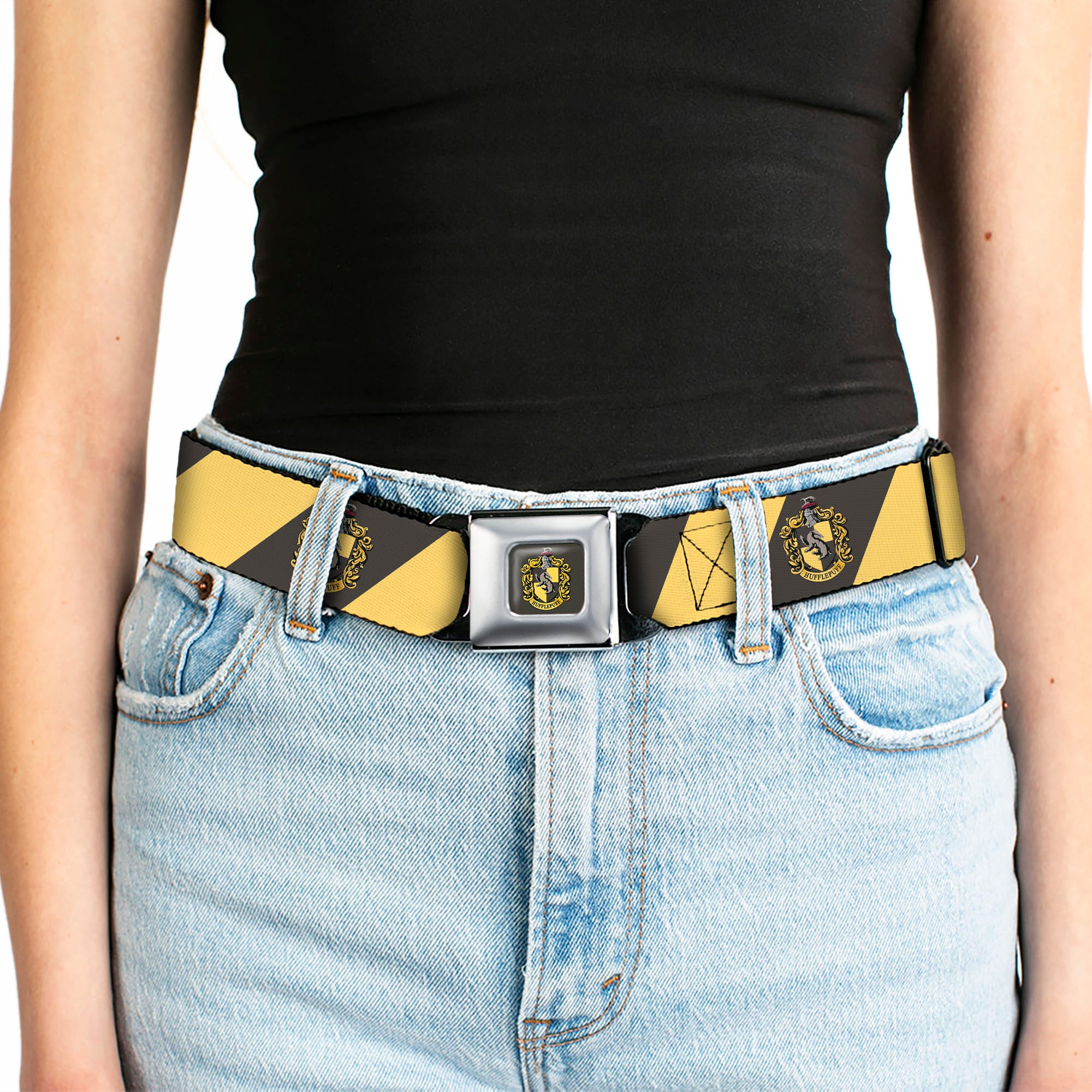 HUFFLEPUFF Crest Full Color Charcoal Gray Seatbelt Belt - HUFFLEPUFF Crest Diagonal Stripe Charcoal Gray/Yellow Webbing Seatbelt Belts Harry Potter