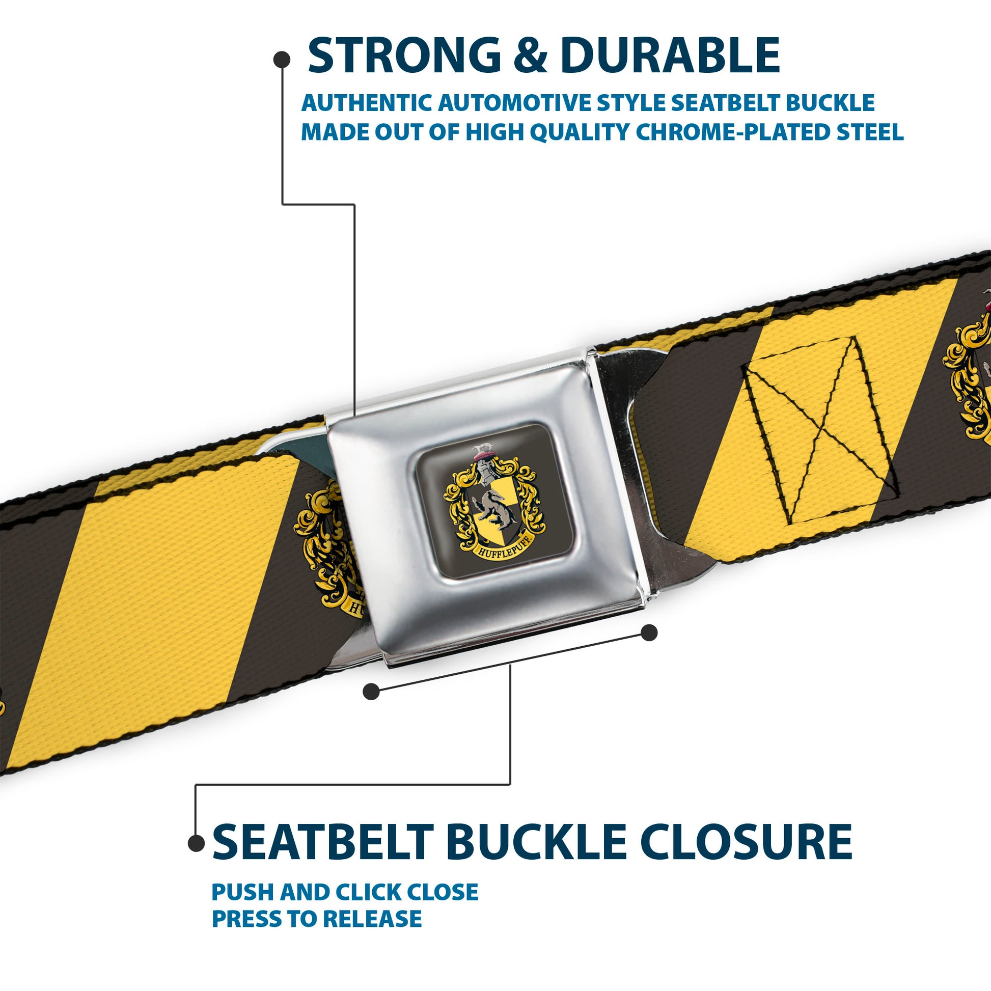 HUFFLEPUFF Crest Full Color Charcoal Gray Seatbelt Belt - HUFFLEPUFF Crest Diagonal Stripe Charcoal Gray/Yellow Webbing Seatbelt Belts Harry Potter