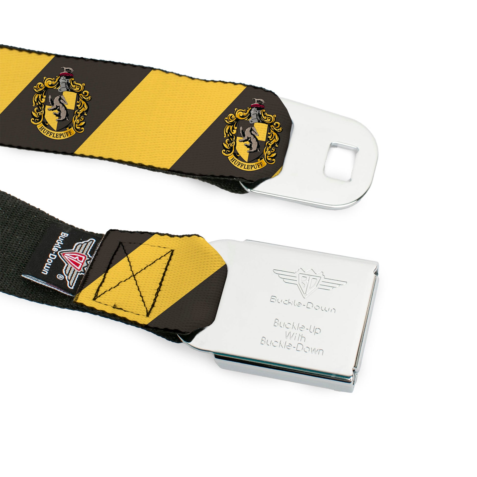HUFFLEPUFF Crest Full Color Charcoal Gray Seatbelt Belt - HUFFLEPUFF Crest Diagonal Stripe Charcoal Gray/Yellow Webbing Seatbelt Belts Harry Potter