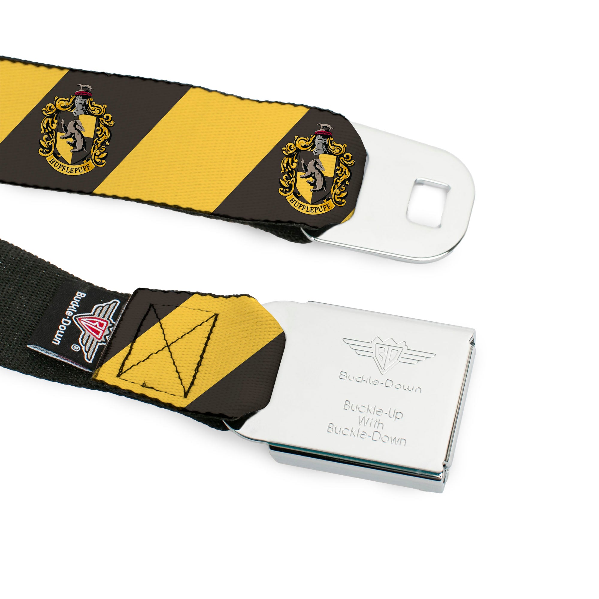 HUFFLEPUFF Crest Full Color Charcoal Gray Seatbelt Belt - HUFFLEPUFF Crest Diagonal Stripe Charcoal Gray/Yellow Webbing Seatbelt Belts Harry Potter