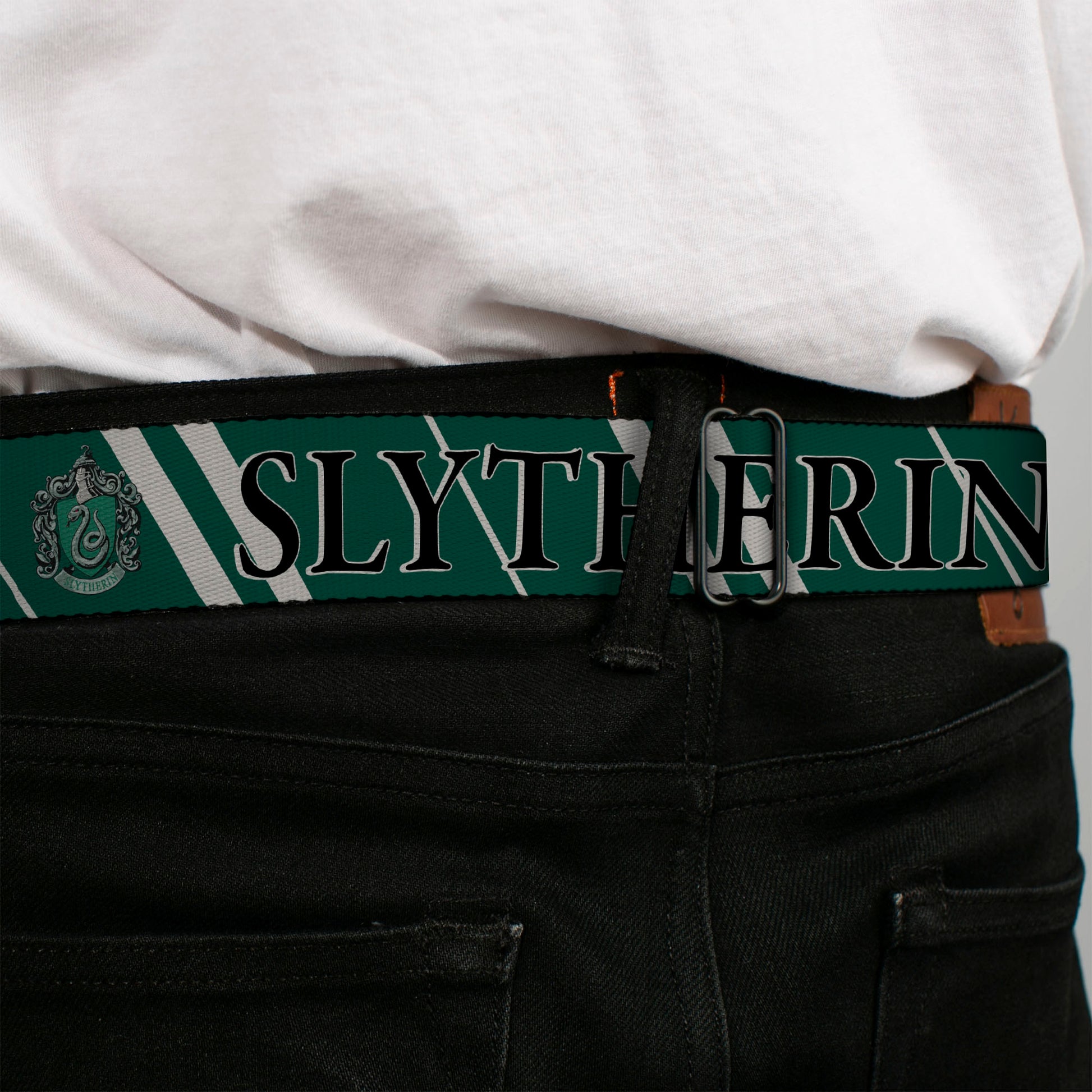 Slytherin Crest Full Color Seatbelt Belt - Harry Potter SLYTHERIN Stripe Green/Gray Webbing Seatbelt Belts Harry Potter