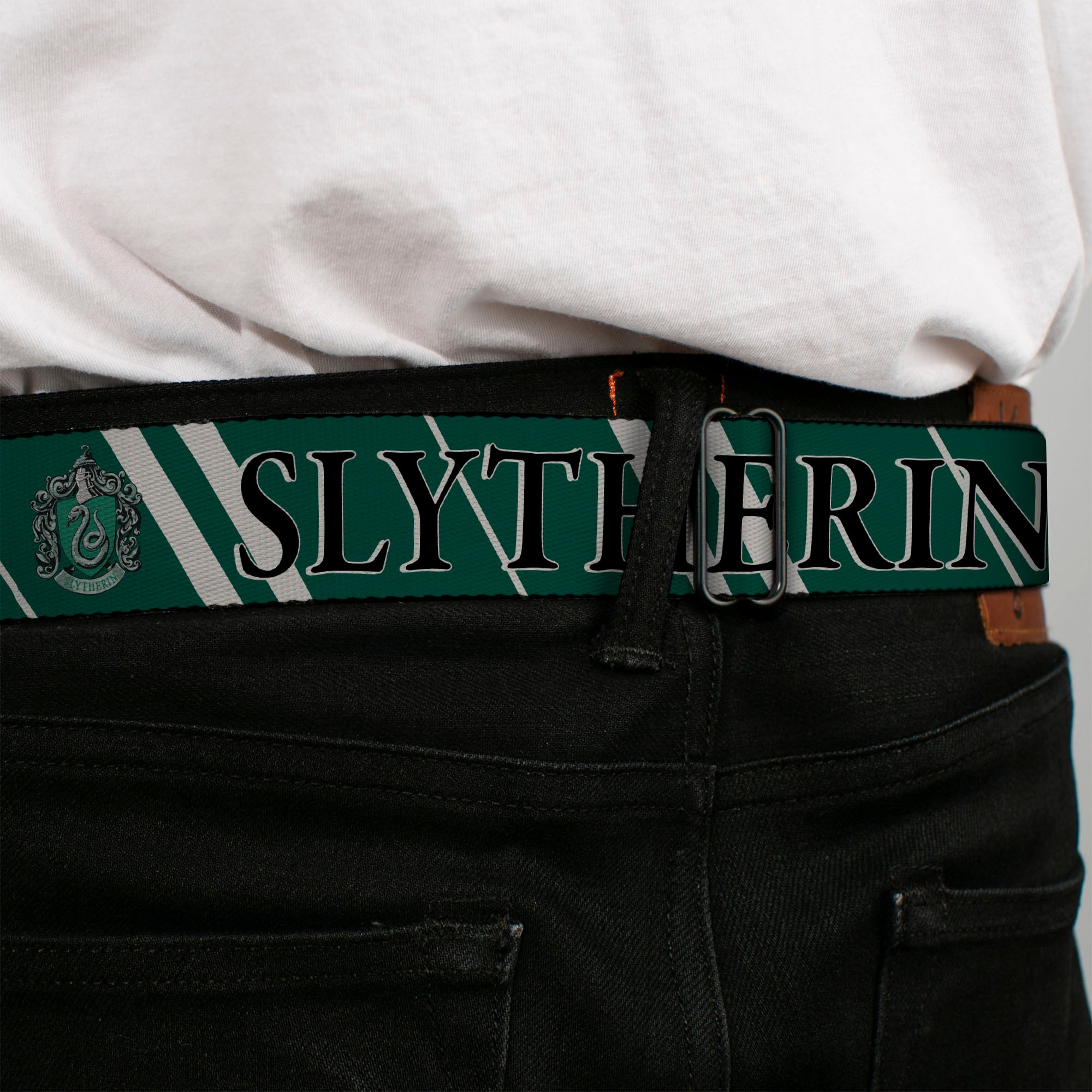 Slytherin Crest Full Color Seatbelt Belt - Harry Potter SLYTHERIN Stripe Green/Gray Webbing Seatbelt Belts Harry Potter