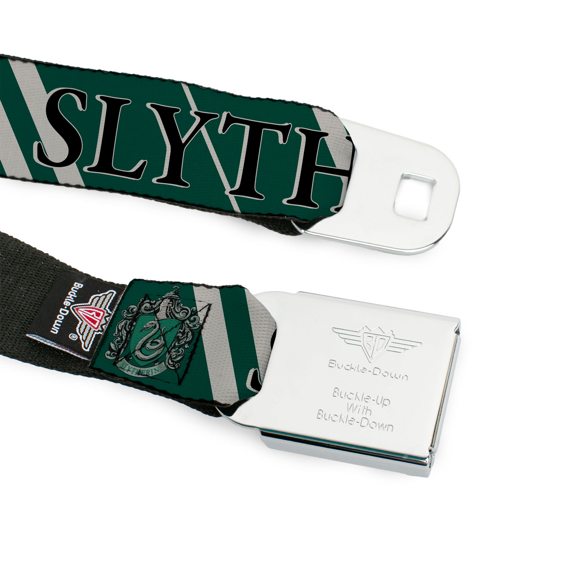 Slytherin Crest Full Color Seatbelt Belt - Harry Potter SLYTHERIN Stripe Green/Gray Webbing Seatbelt Belts Harry Potter