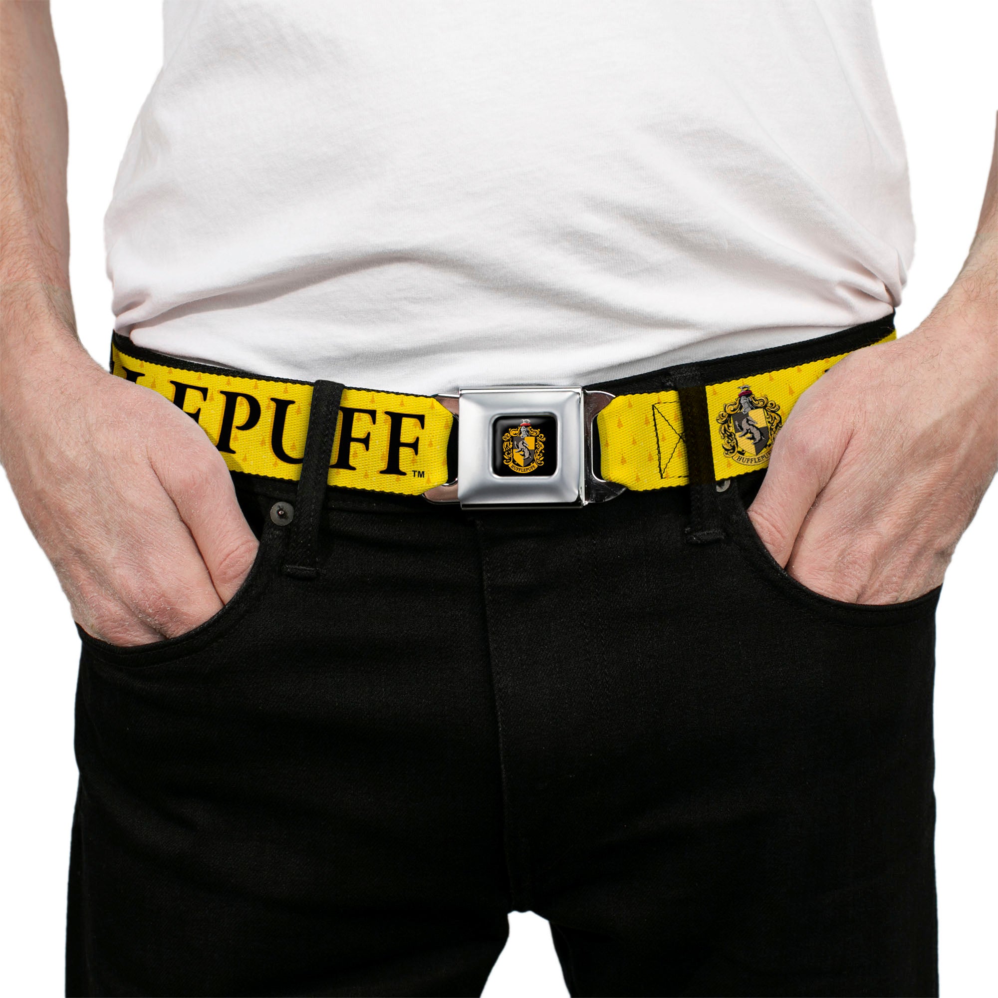 Hufflepuff Crest Full Color Seatbelt Belt - Harry Potter HUFFLEPUFF & Crest Yellow/Black Webbing Seatbelt Belts Harry Potter