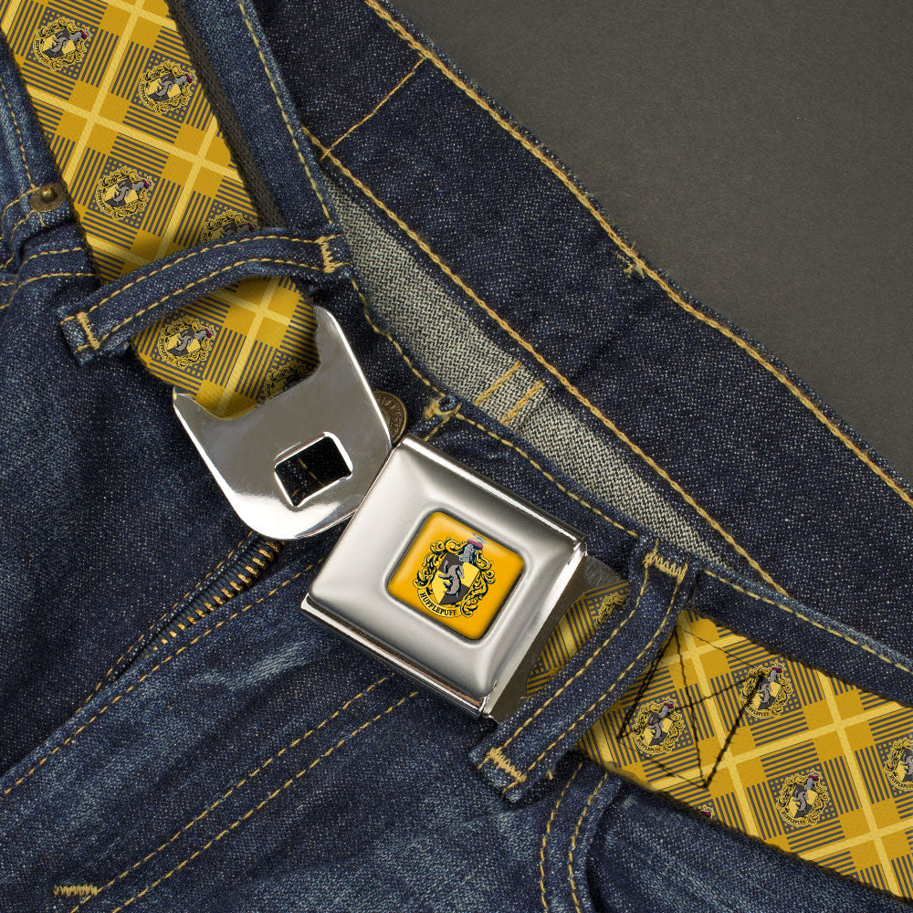HUFFLEPUFF Crest Full Color Gold Seatbelt Belt - Harry Potter Hufflepuff Crest Plaid Yellows/Gray Webbing Seatbelt Belts Harry Potter