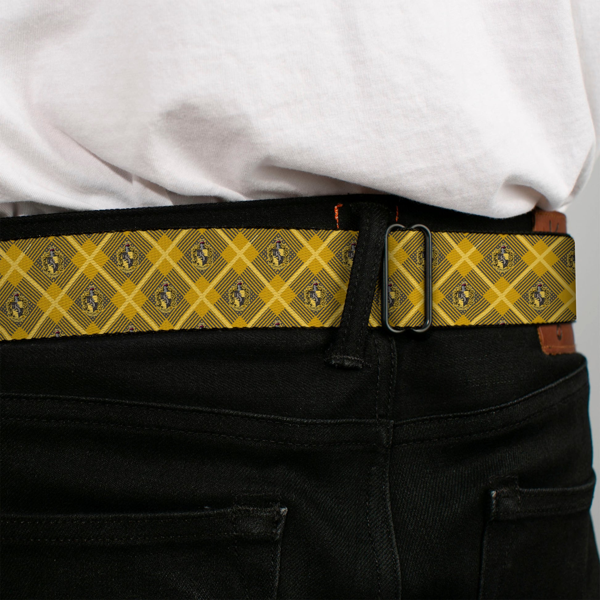 HUFFLEPUFF Crest Full Color Gold Seatbelt Belt - Harry Potter Hufflepuff Crest Plaid Yellows/Gray Webbing Seatbelt Belts Harry Potter